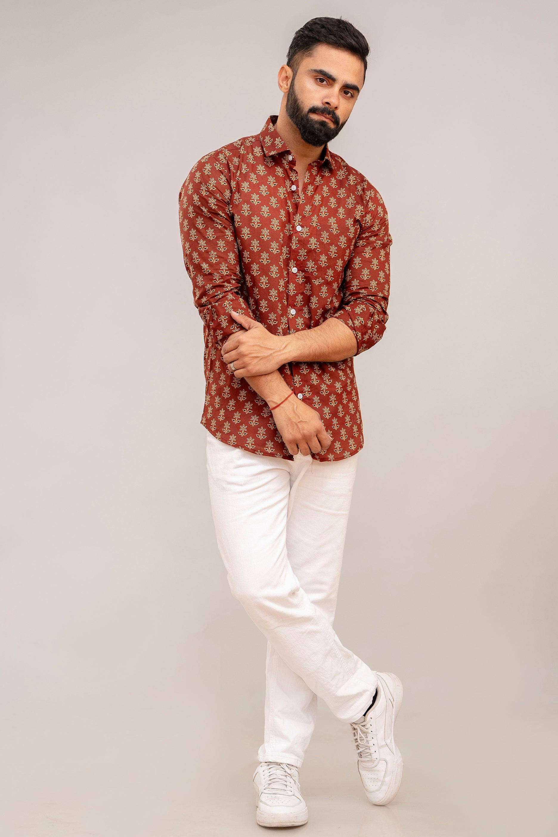 Earthy Brown Floral Cotton Shirt - Hukum Jaipur