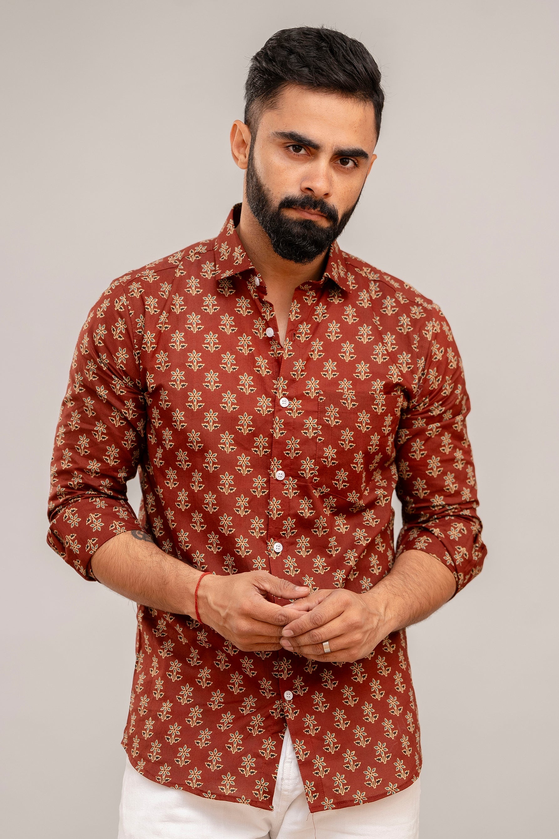 Earthy Brown Floral Cotton Shirt - Hukum Jaipur