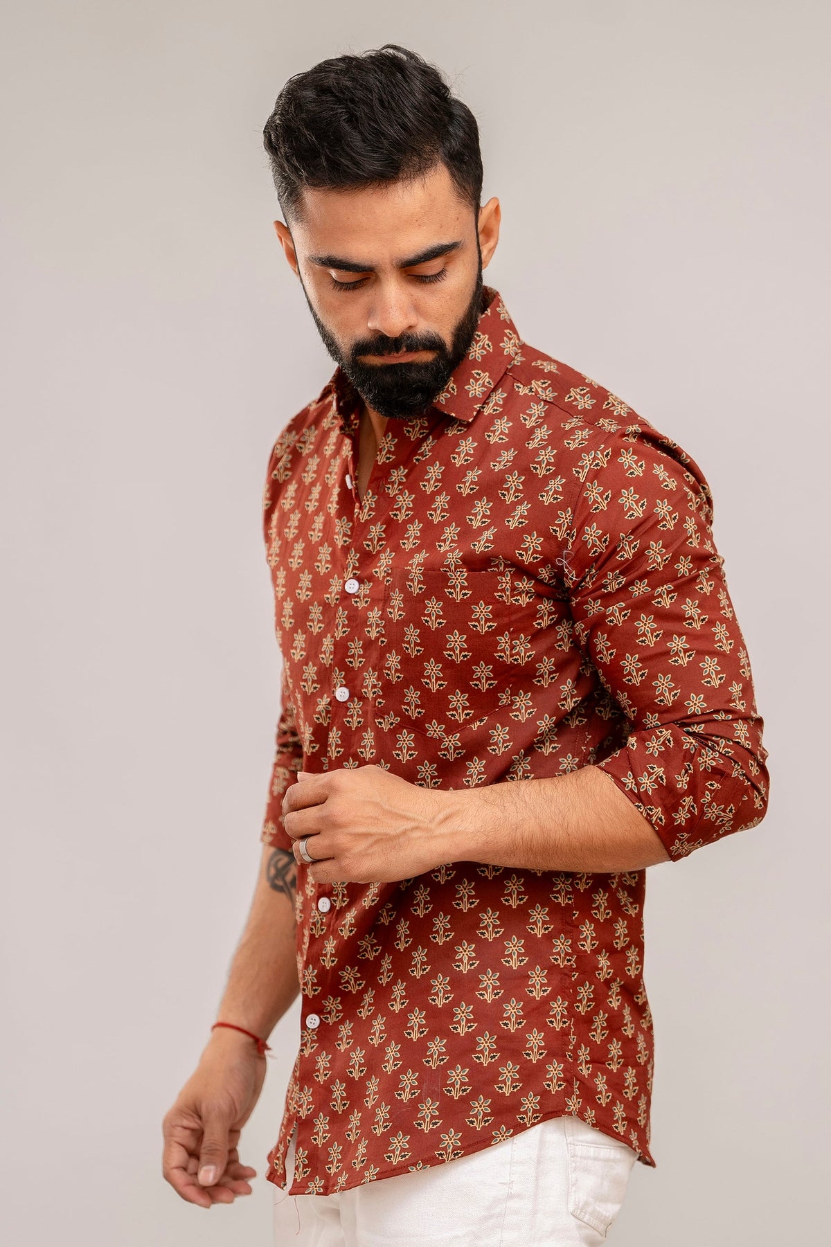 Earthy Brown Floral Cotton Shirt - Hukum Jaipur