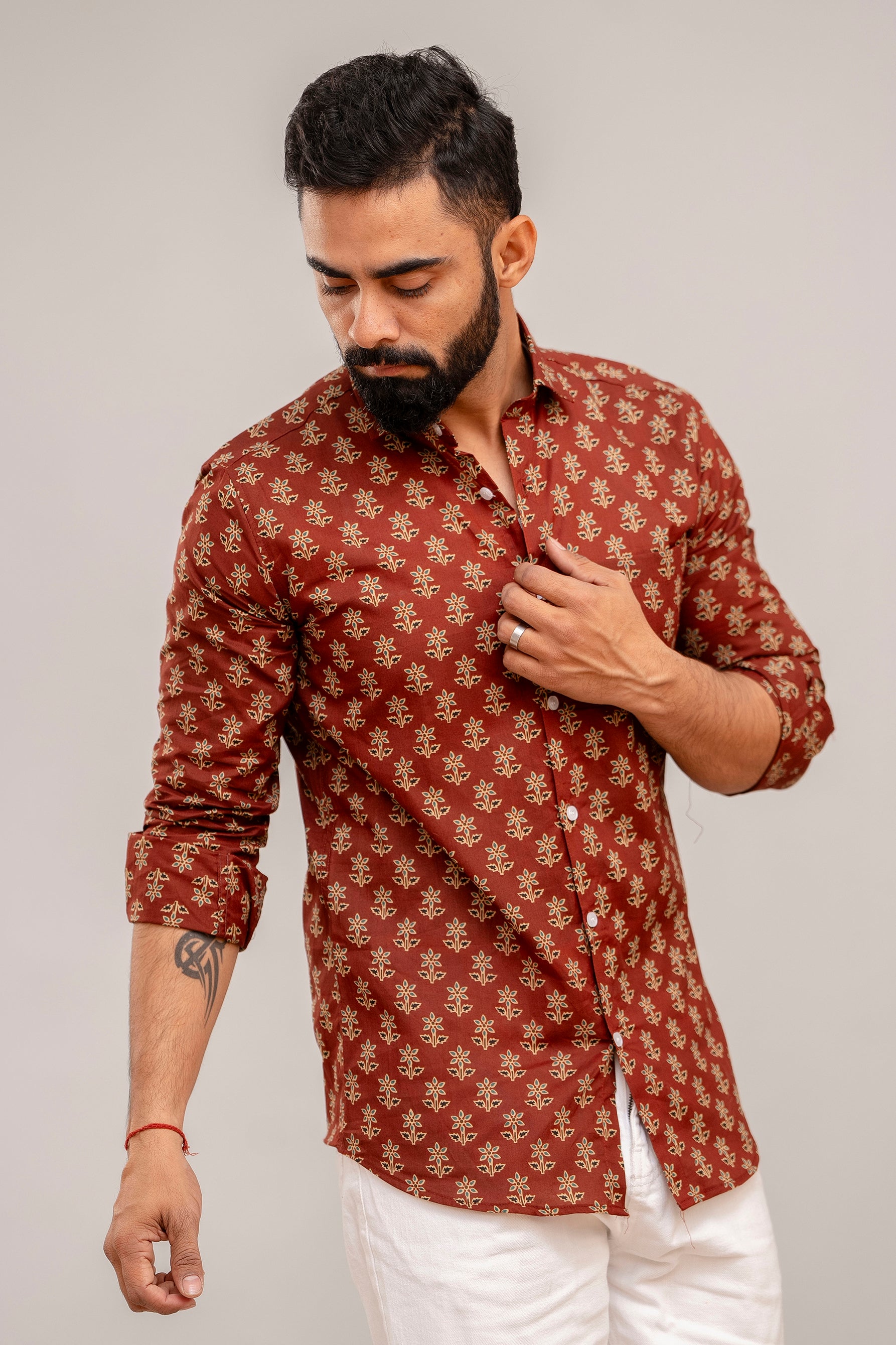 Earthy Brown Floral Cotton Shirt - Hukum Jaipur