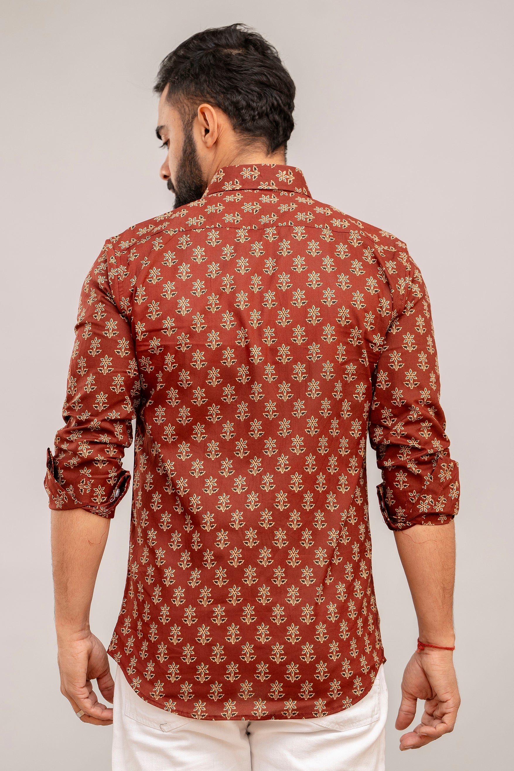 Earthy Brown Floral Cotton Shirt - Hukum Jaipur