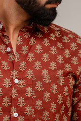 Earthy Brown Floral Cotton Shirt - Hukum Jaipur