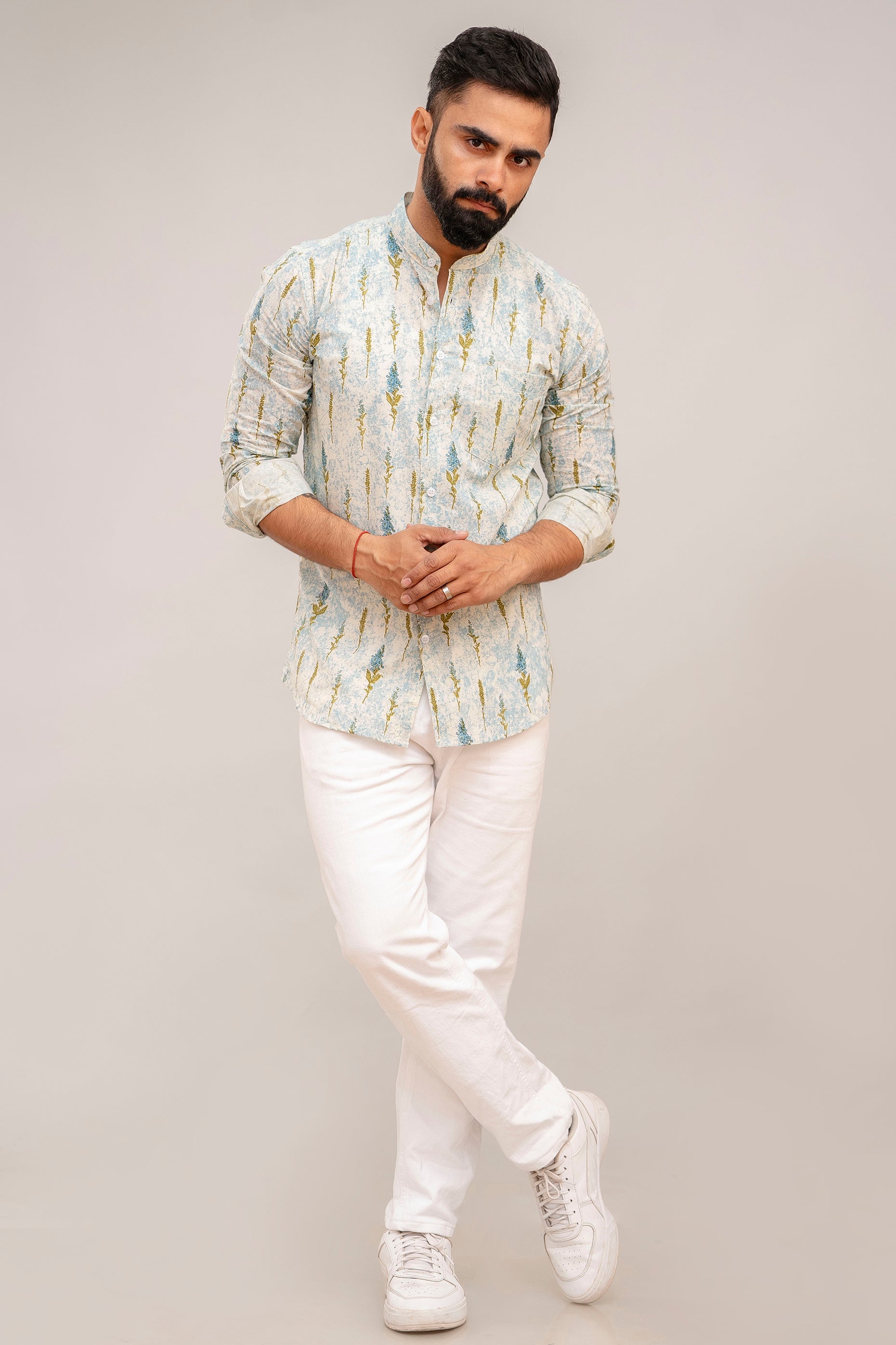 Sky Blue Floral Cotton Shirt - Hukum Jaipur