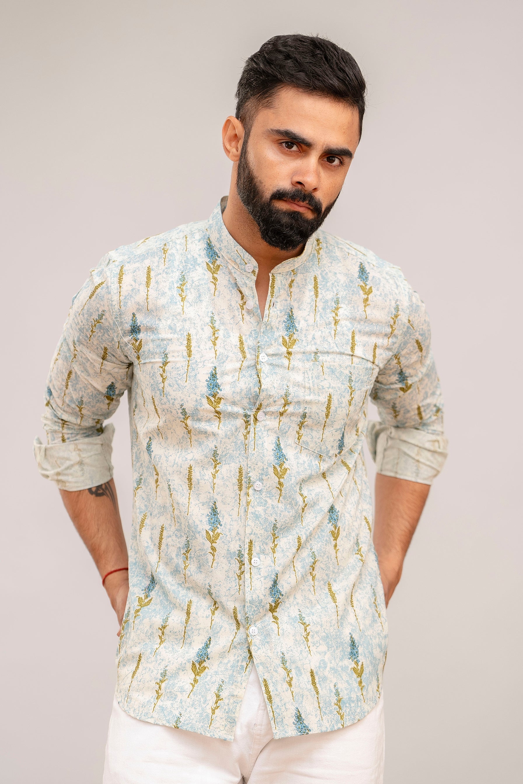 Sky Blue Floral Cotton Shirt - Hukum Jaipur