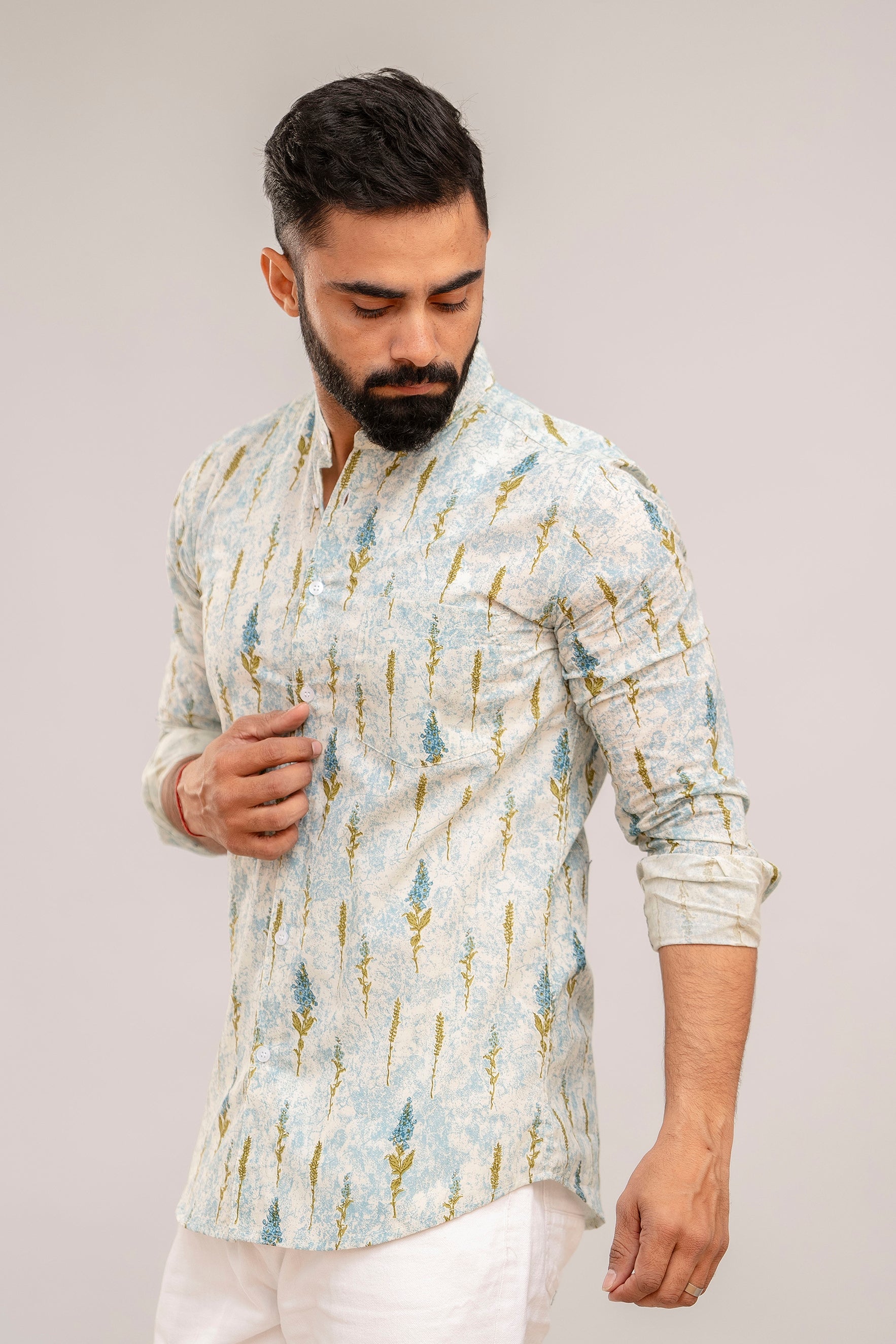 Sky Blue Floral Cotton Shirt - Hukum Jaipur