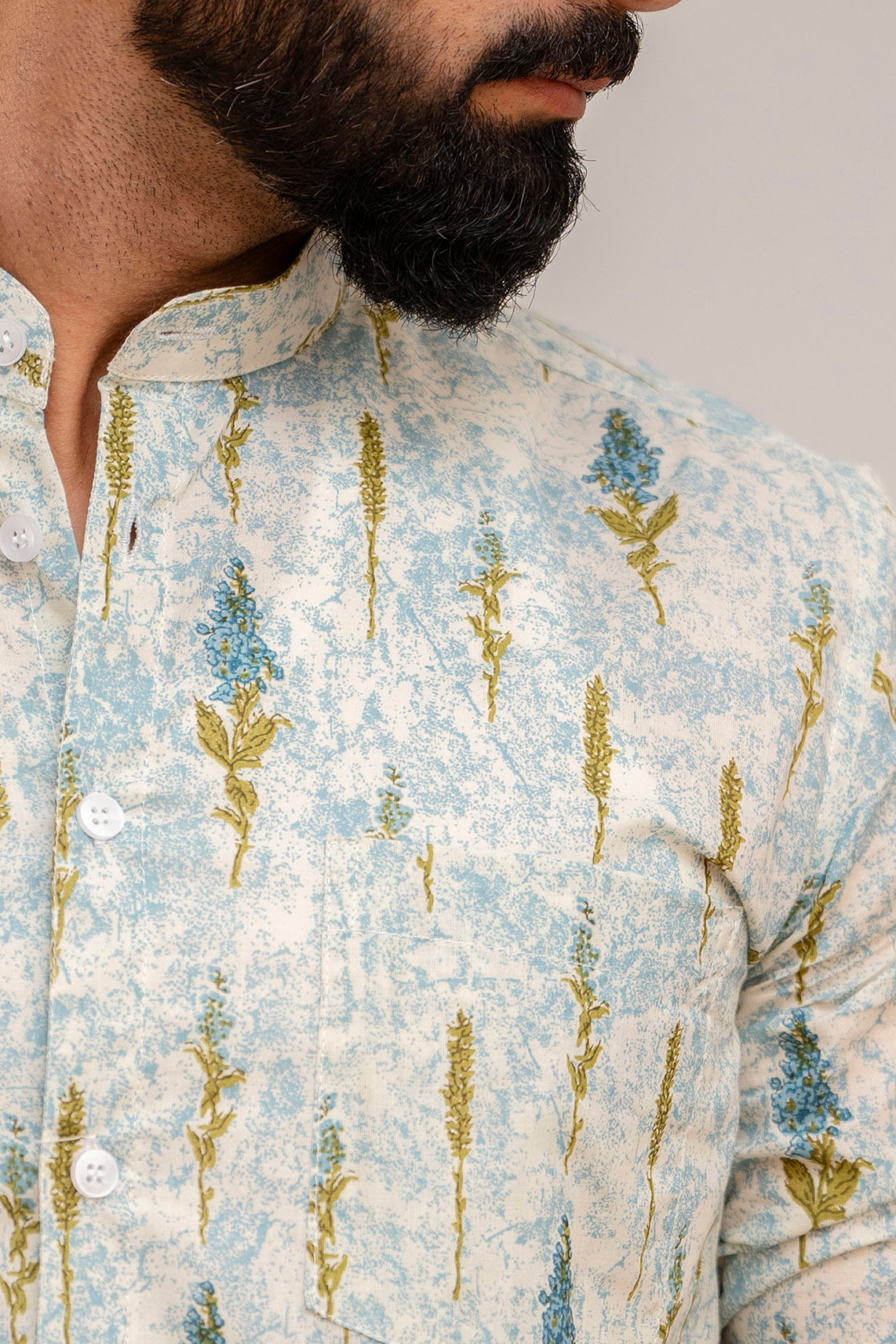 Sky Blue Floral Cotton Shirt - Hukum Jaipur