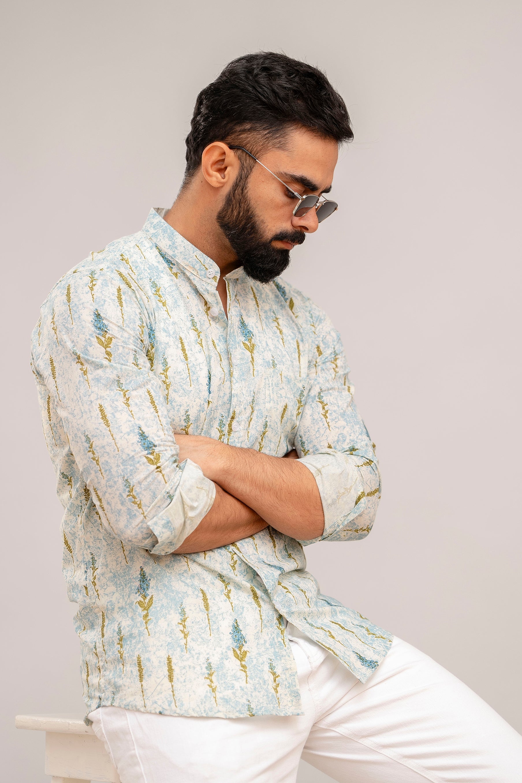 Sky Blue Floral Cotton Shirt - Hukum Jaipur