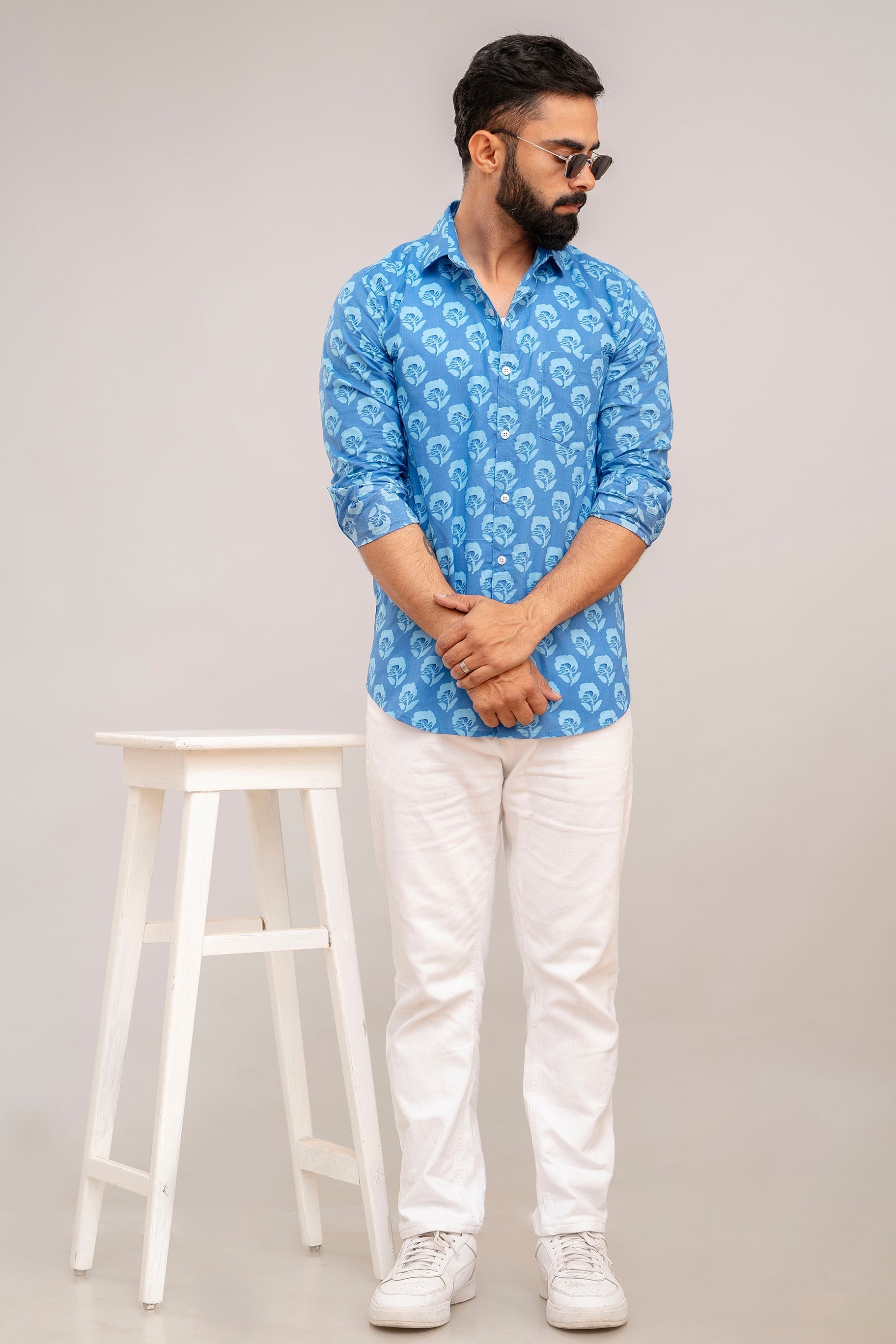 Classic Blue Bloom Floral Cotton Shirt - Hukum Jaipur