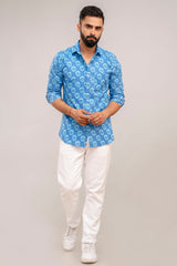 Classic Blue Bloom Floral Cotton Shirt - Hukum Jaipur