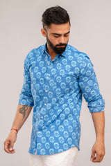 Classic Blue Bloom Floral Cotton Shirt - Hukum Jaipur