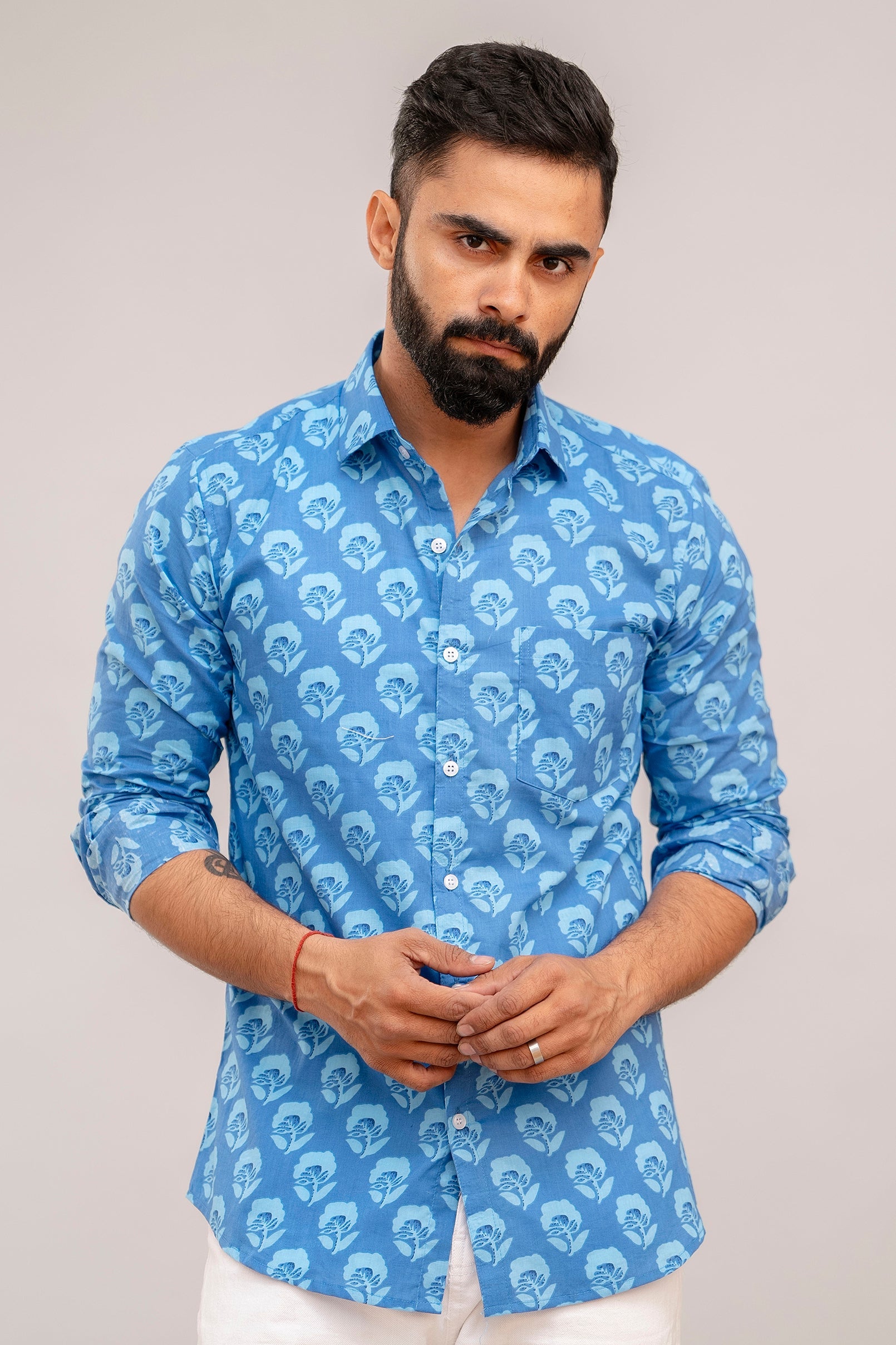 Classic Blue Bloom Floral Cotton Shirt - Hukum Jaipur