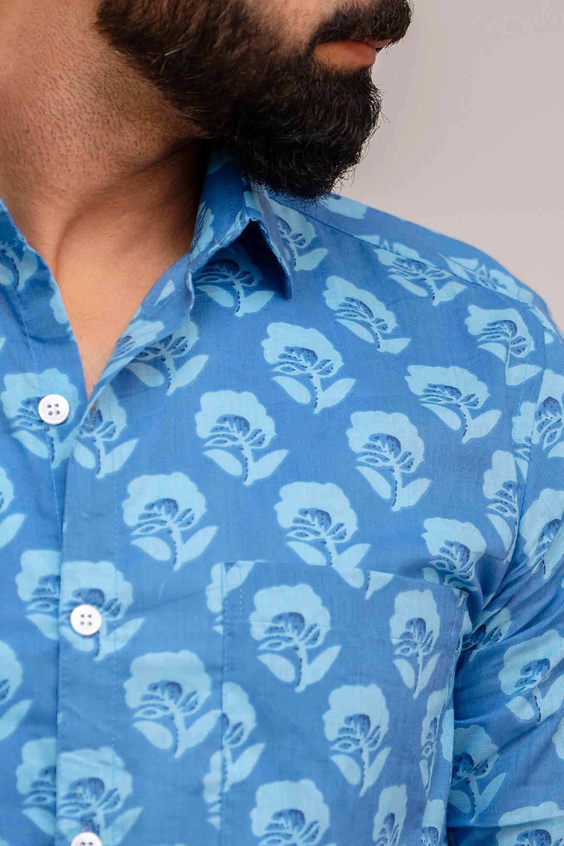 Classic Blue Bloom Floral Cotton Shirt - Hukum Jaipur