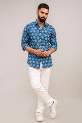 Navy Blue Floral Cotton Shirt - Hukum Jaipur