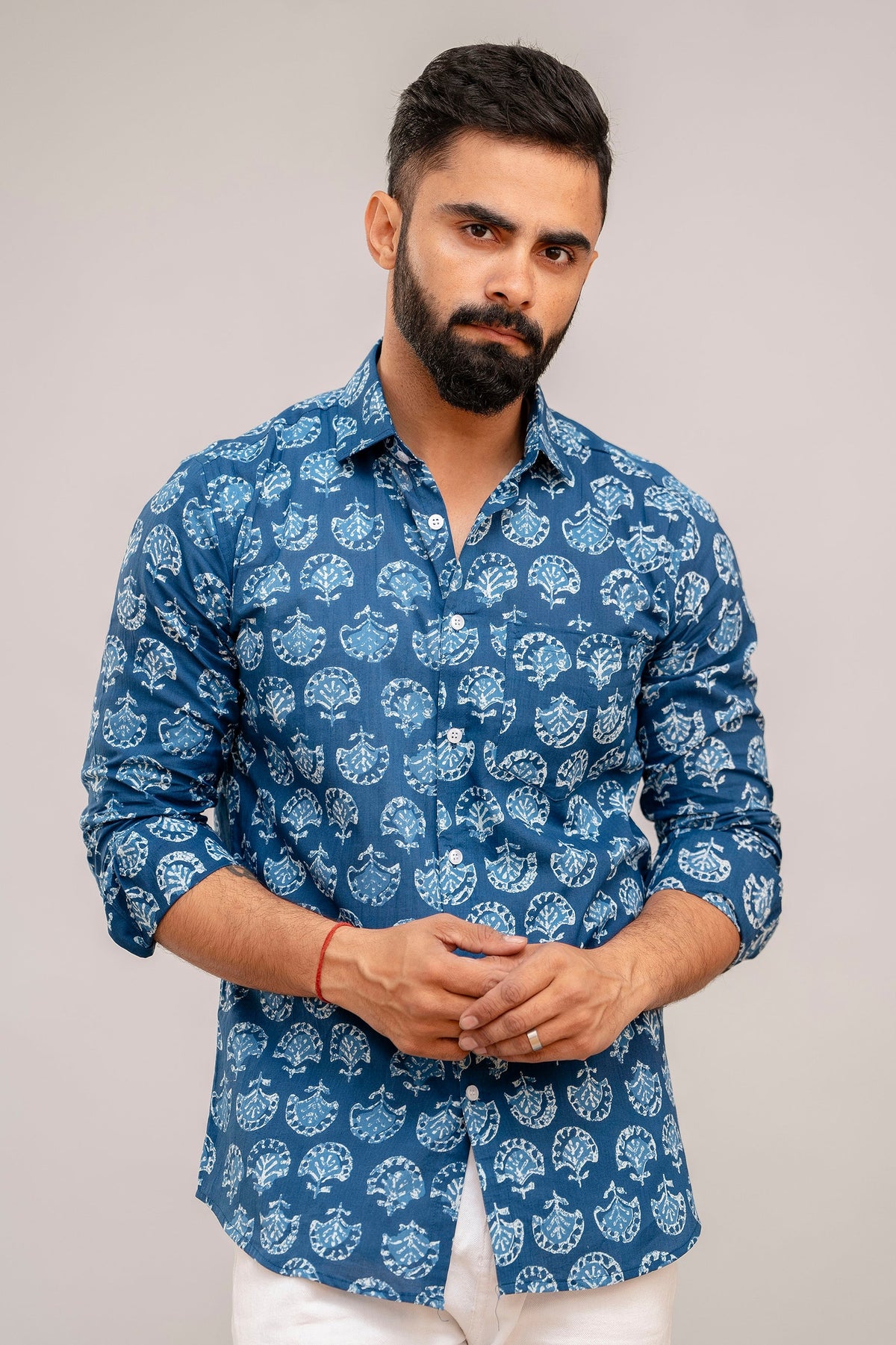 Navy Blue Floral Cotton Shirt - Hukum Jaipur