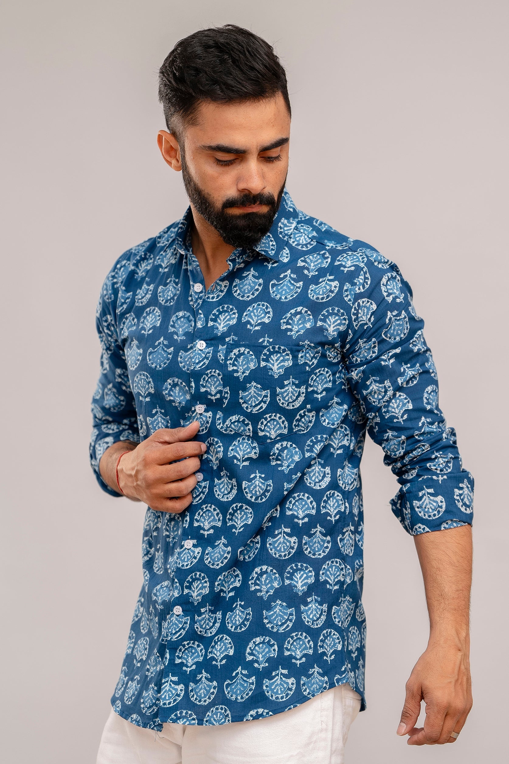 Navy Blue Floral Cotton Shirt - Hukum Jaipur