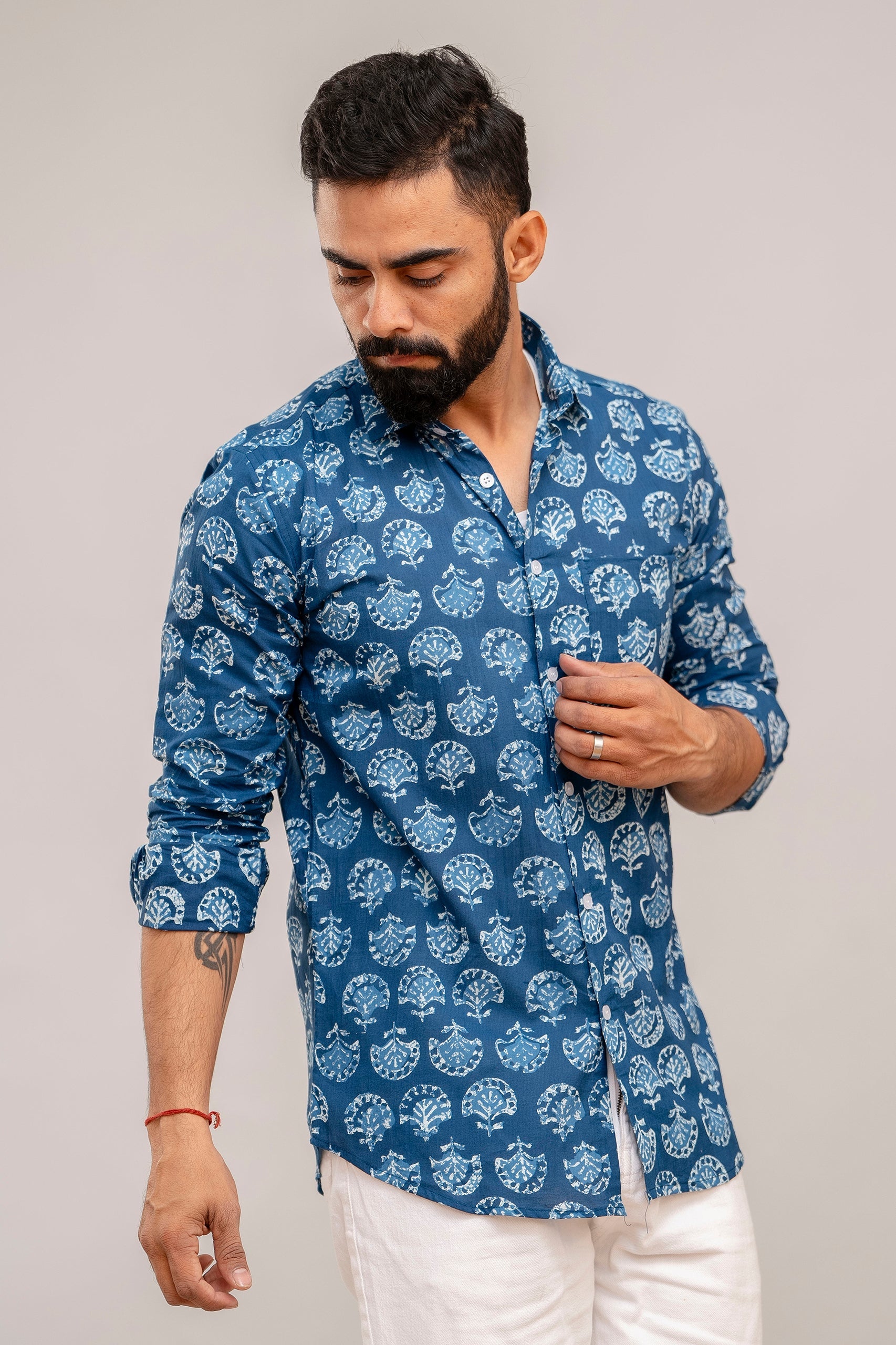 Navy Blue Floral Cotton Shirt - Hukum Jaipur