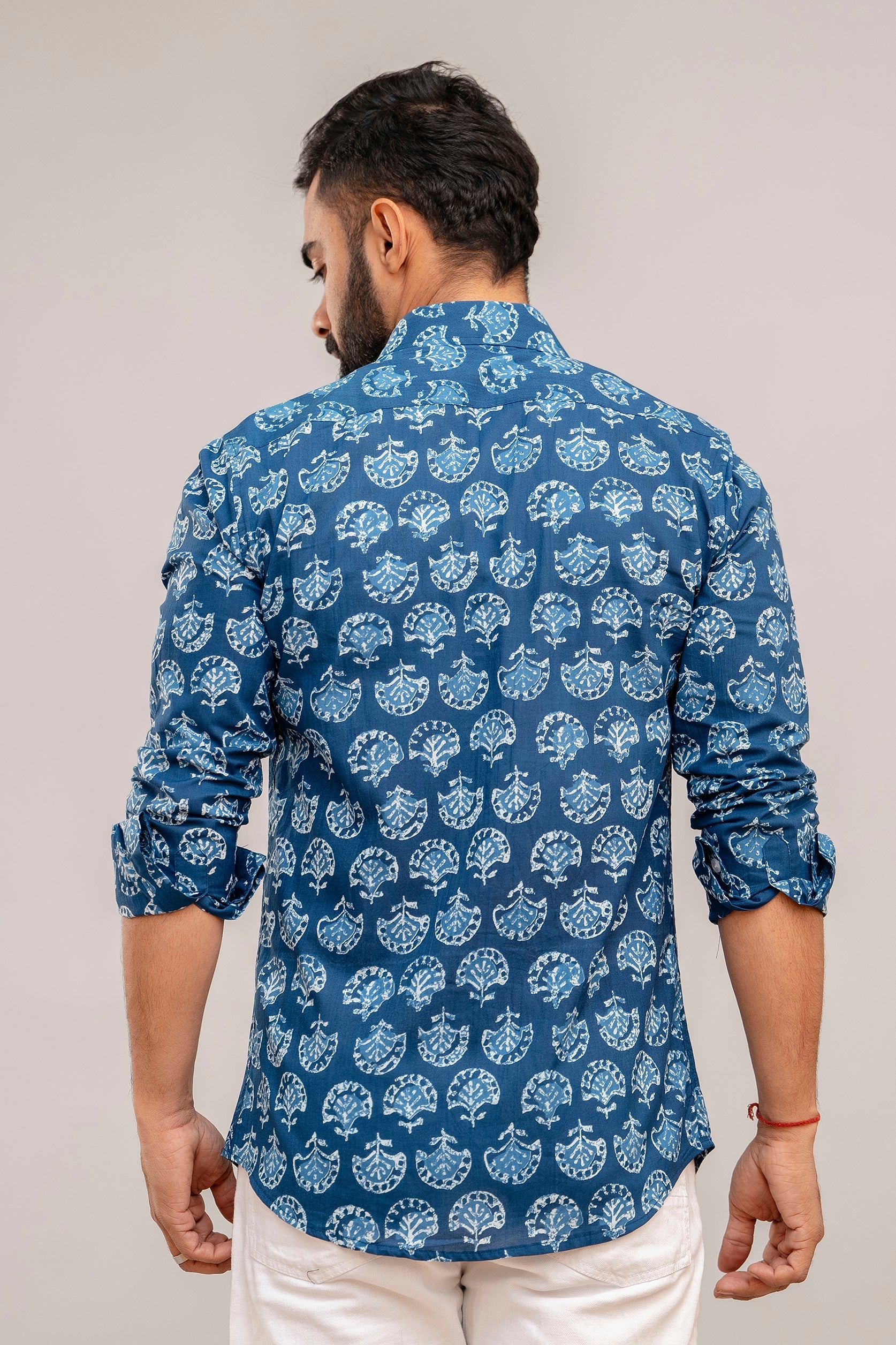 Navy Blue Floral Cotton Shirt - Hukum Jaipur