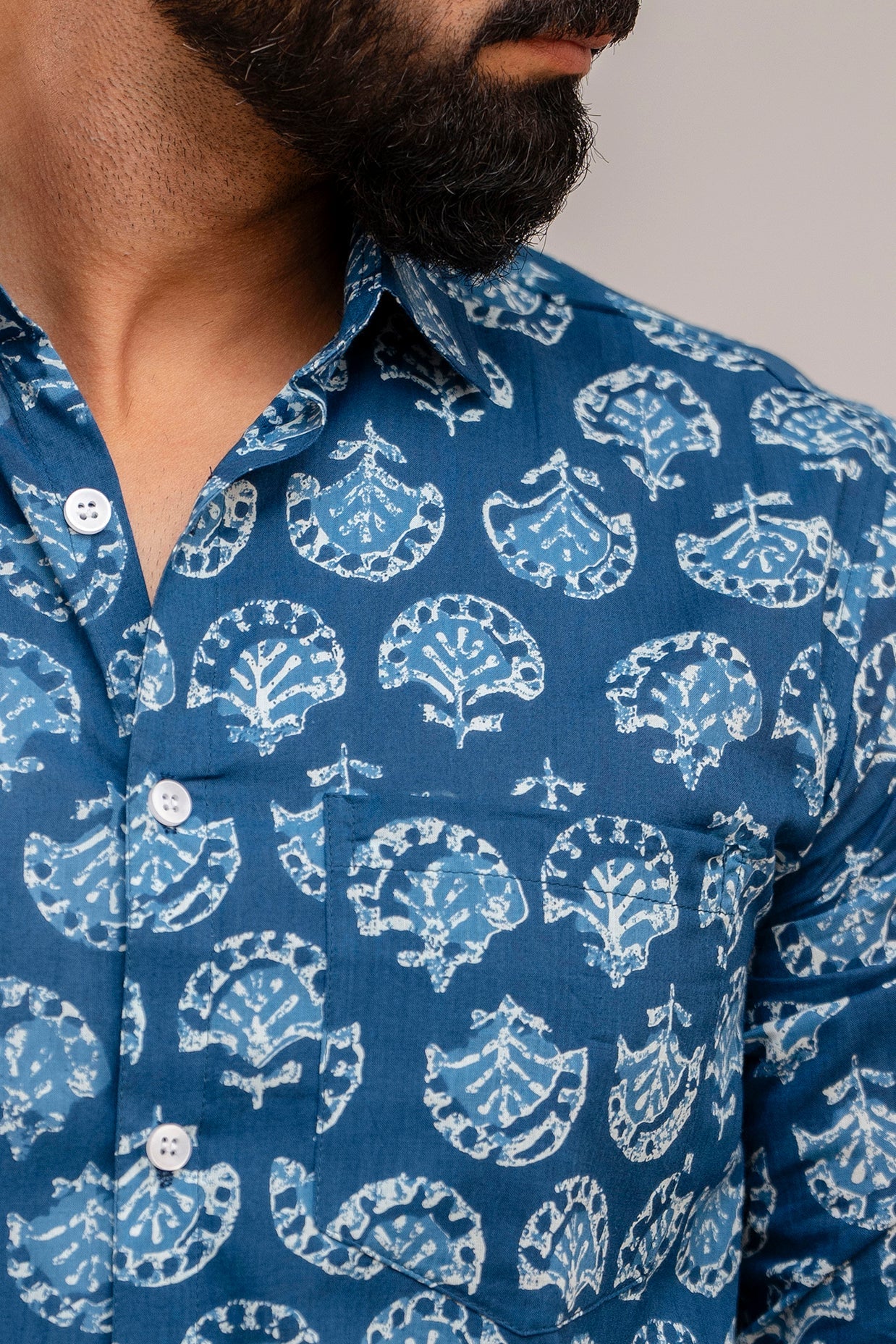 Navy Blue Floral Cotton Shirt - Hukum Jaipur