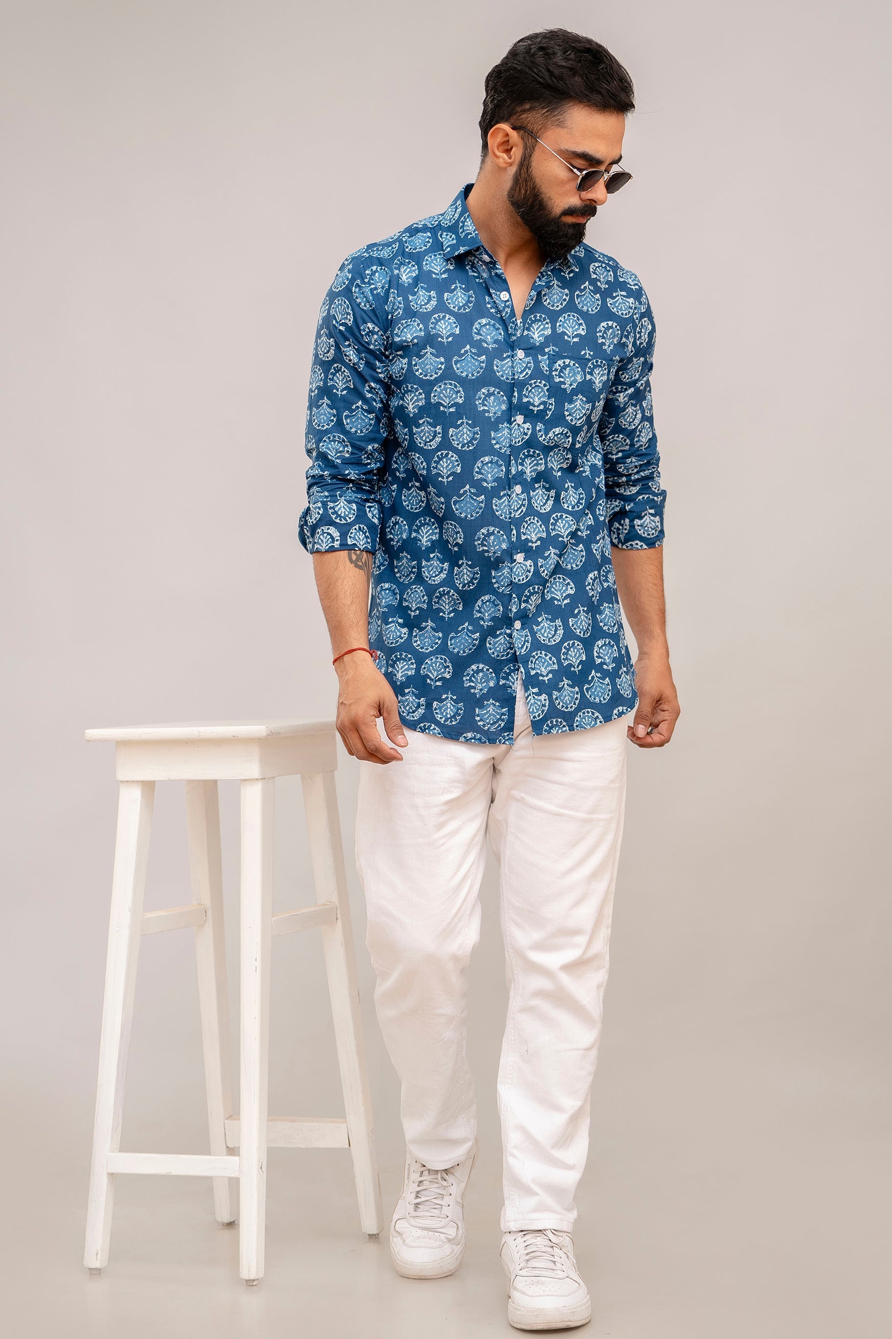 Navy Blue Floral Cotton Shirt - Hukum Jaipur