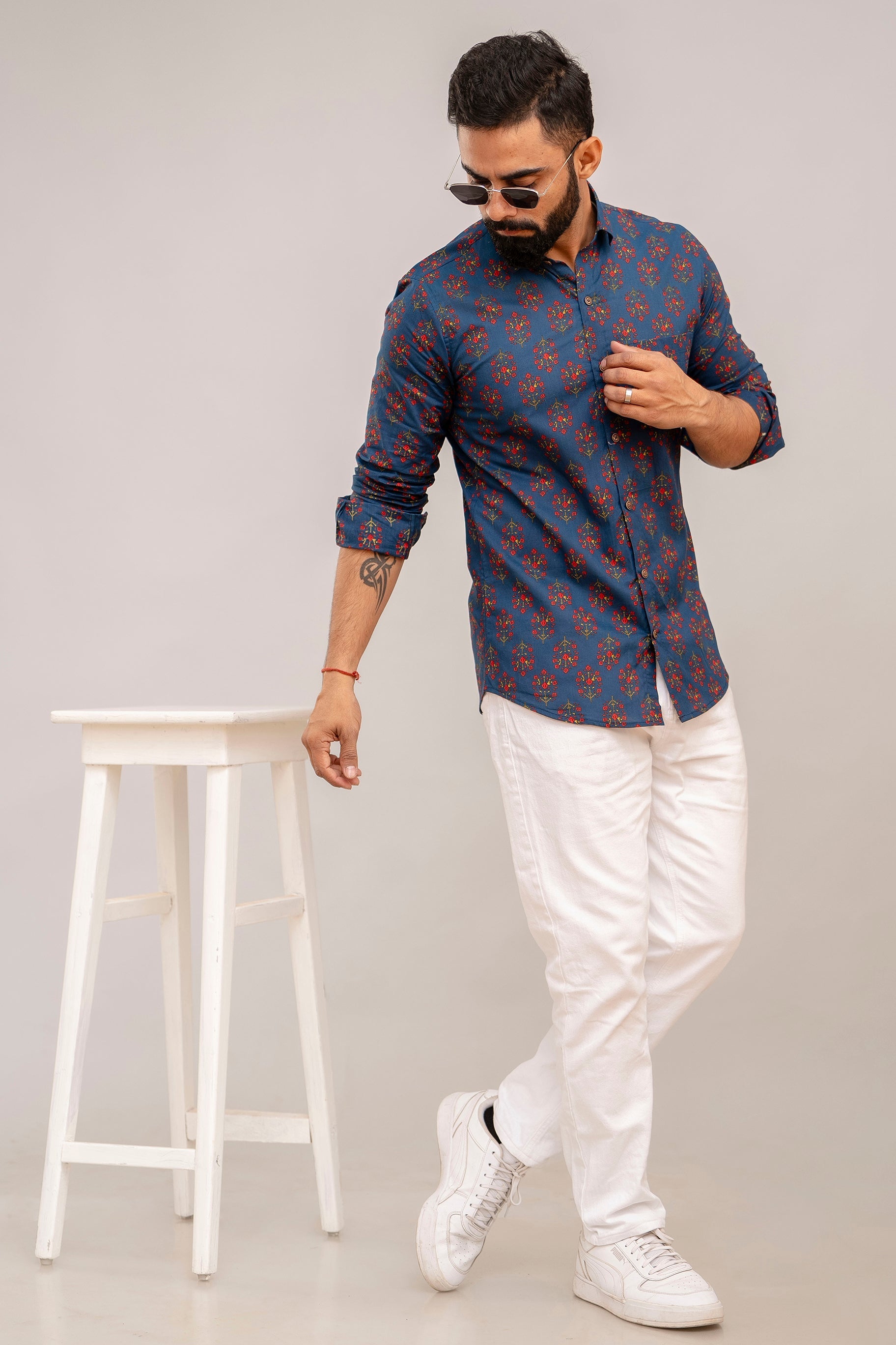 Navy Blue Blossom Floral Cotton Shirt - Hukum Jaipur