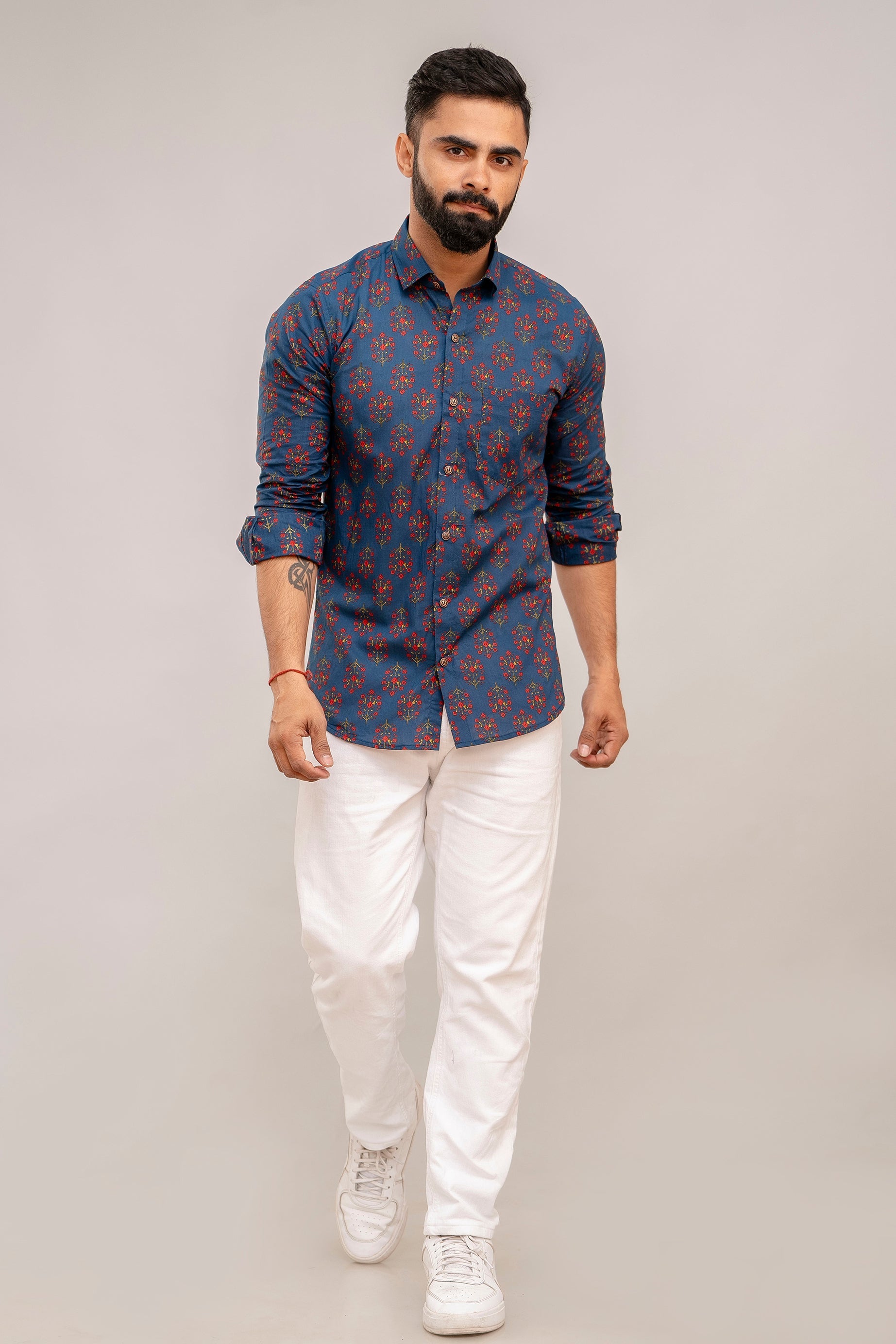 Navy Blue Blossom Floral Cotton Shirt - Hukum Jaipur