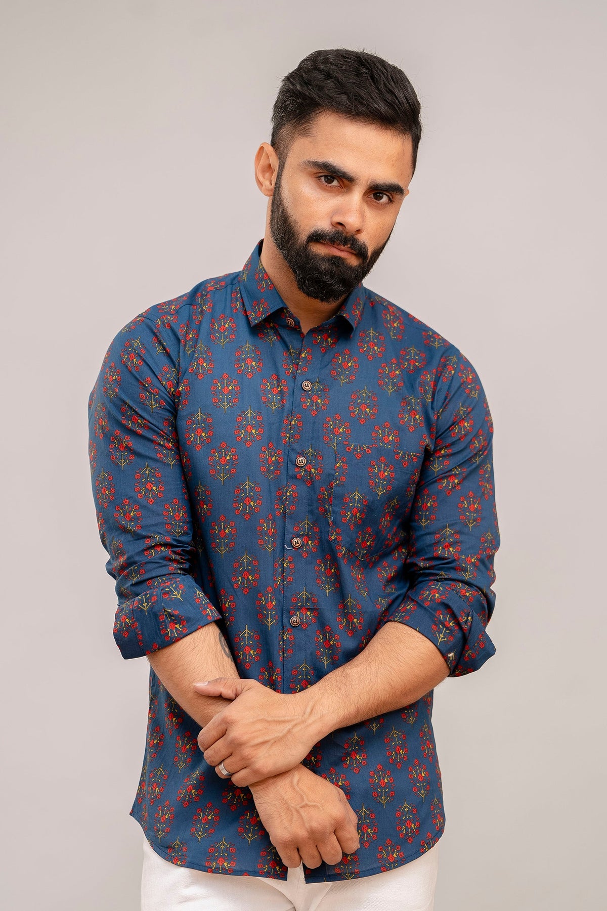 Navy Blue Blossom Floral Cotton Shirt - Hukum Jaipur