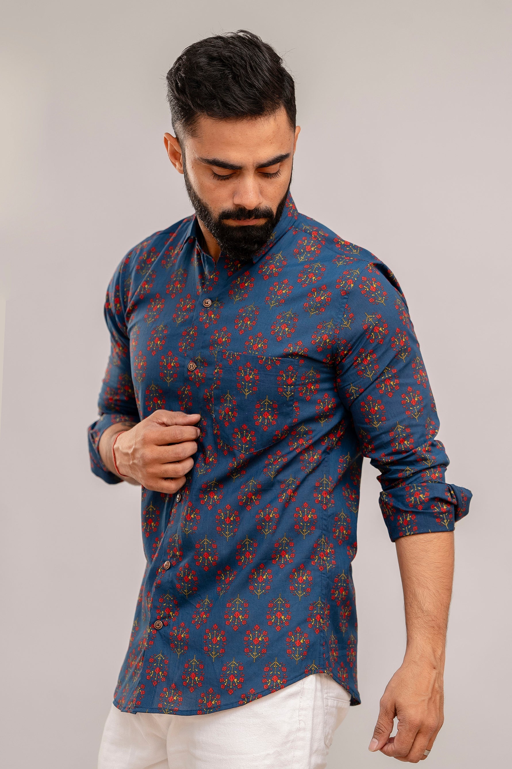 Navy Blue Blossom Floral Cotton Shirt - Hukum Jaipur