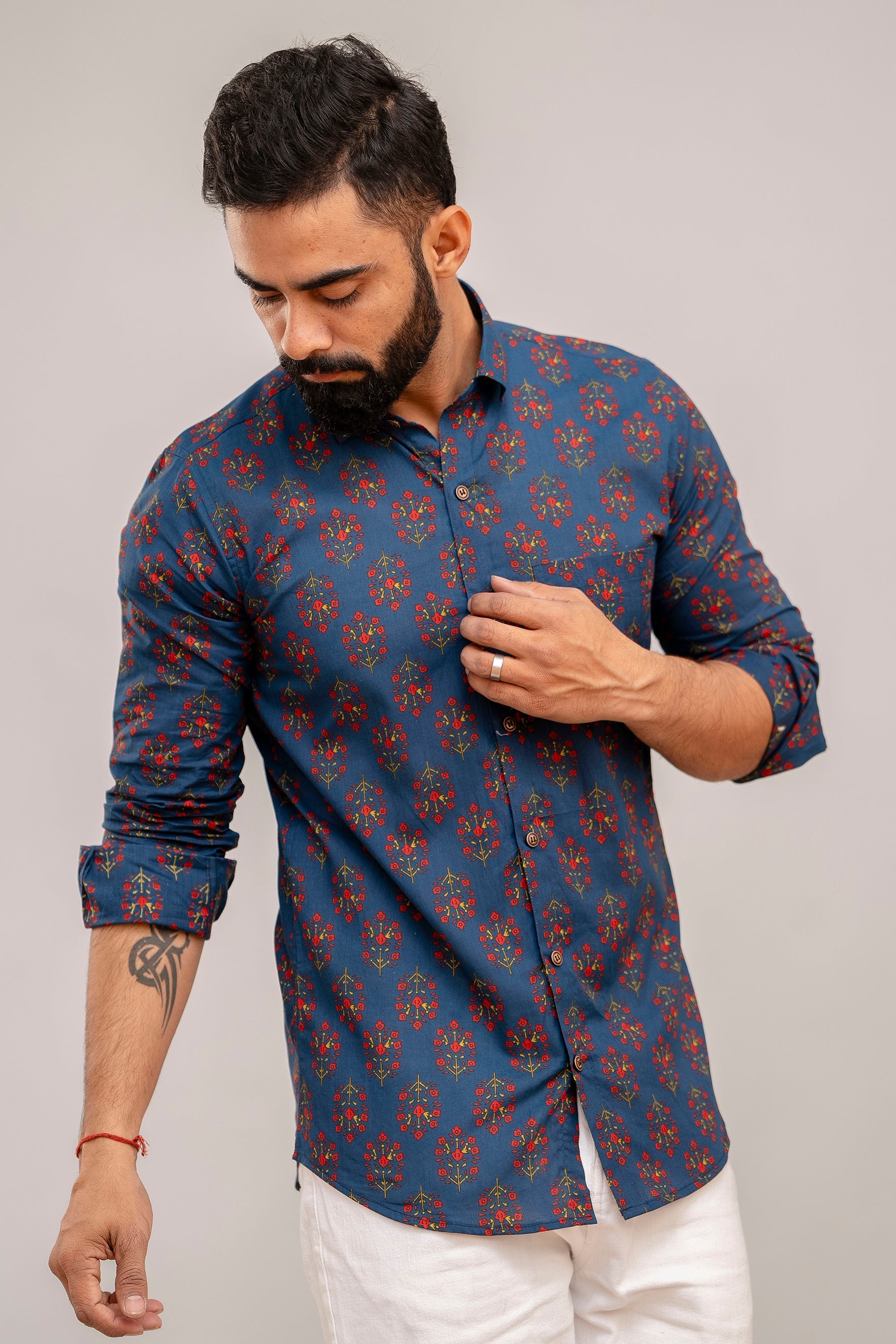 Navy Blue Blossom Floral Cotton Shirt - Hukum Jaipur