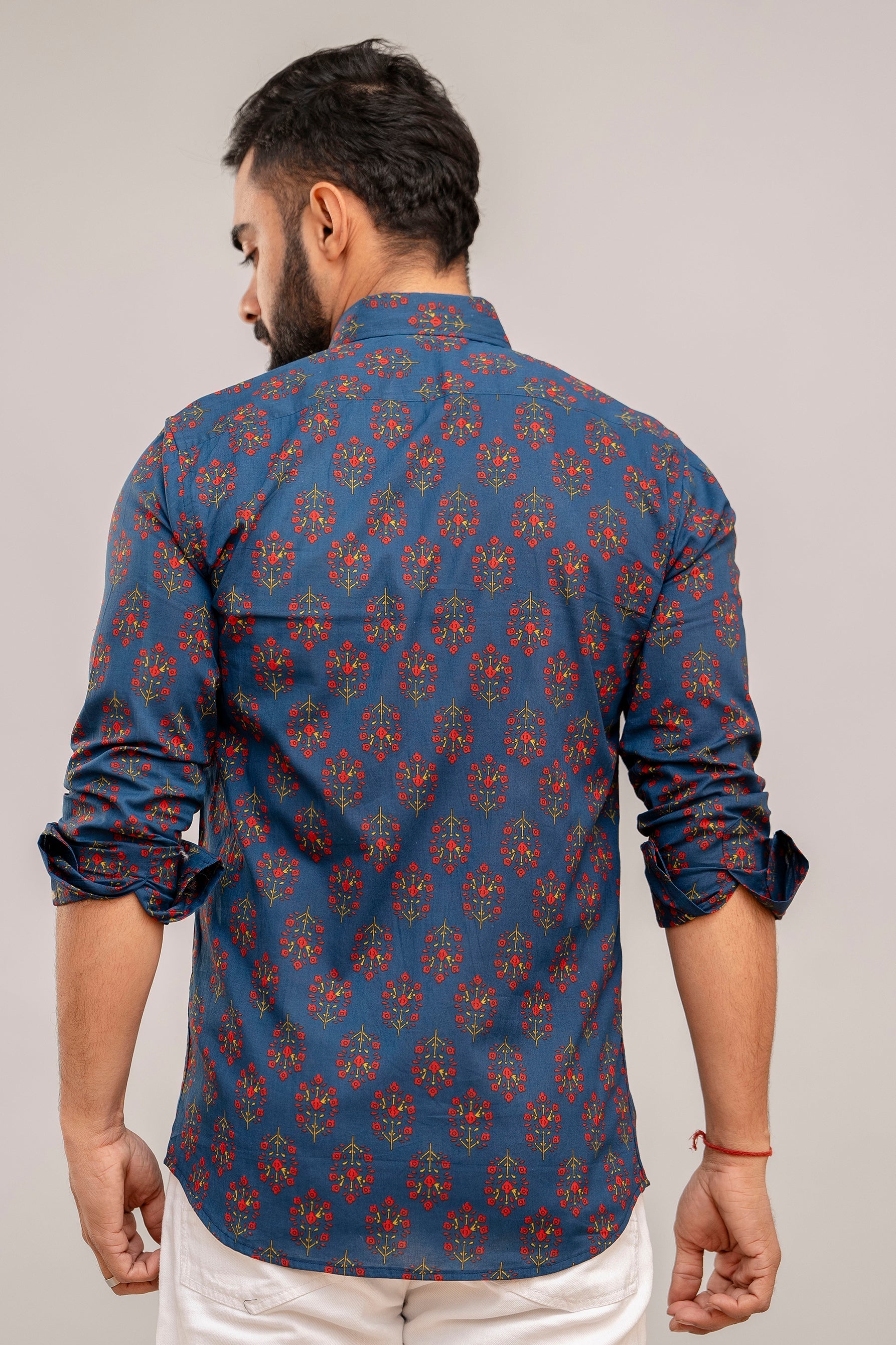 Navy Blue Blossom Floral Cotton Shirt - Hukum Jaipur