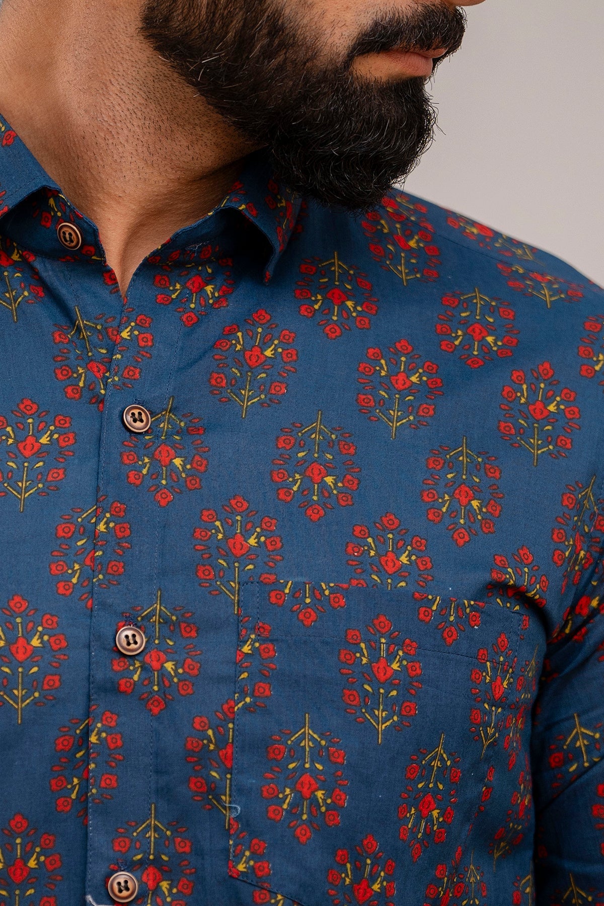 Navy Blue Blossom Floral Cotton Shirt - Hukum Jaipur