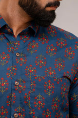 Navy Blue Blossom Floral Cotton Shirt - Me&My