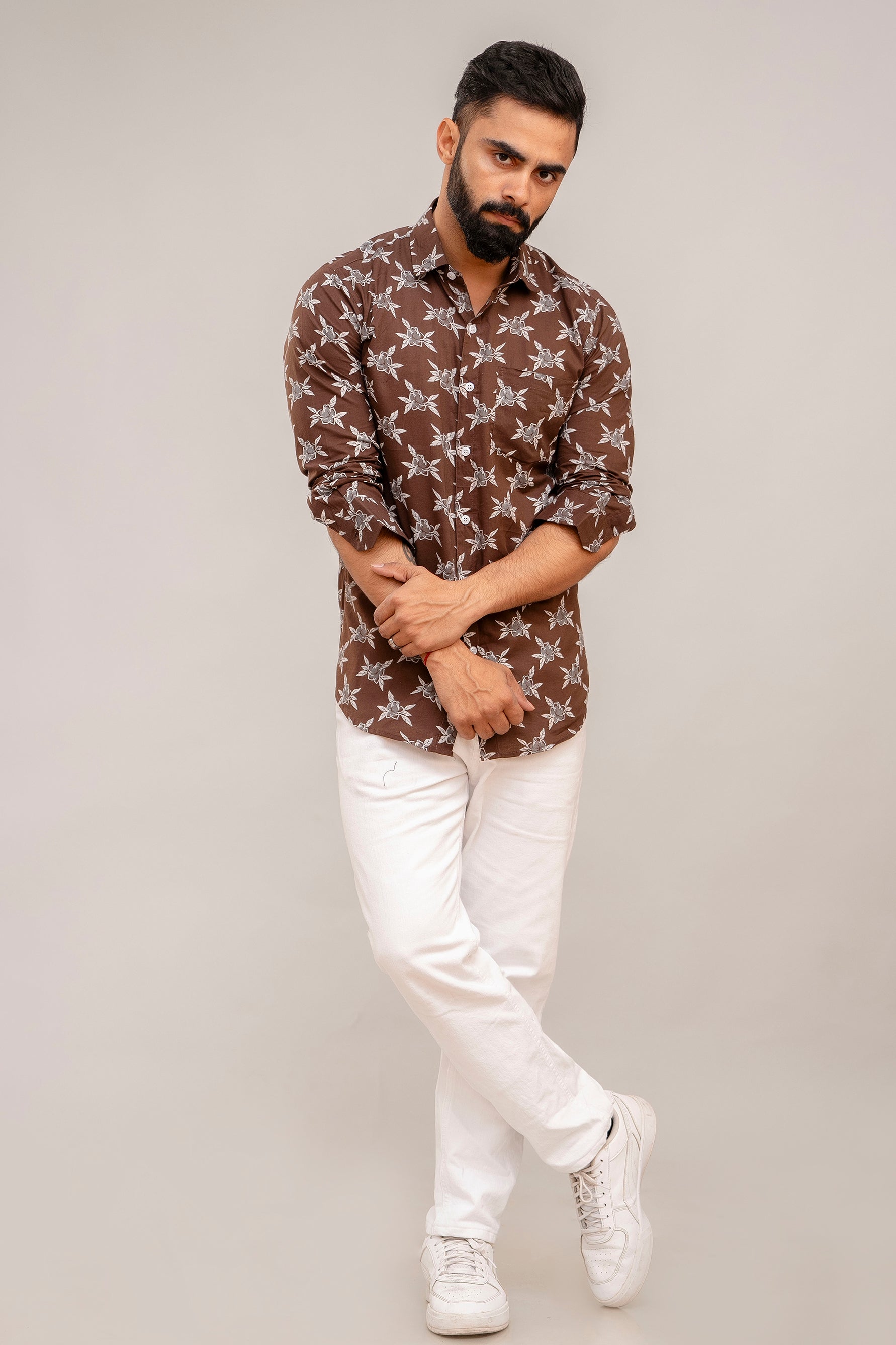 Classic Brown Charm Floral Cotton Shirt - Hukum Jaipur