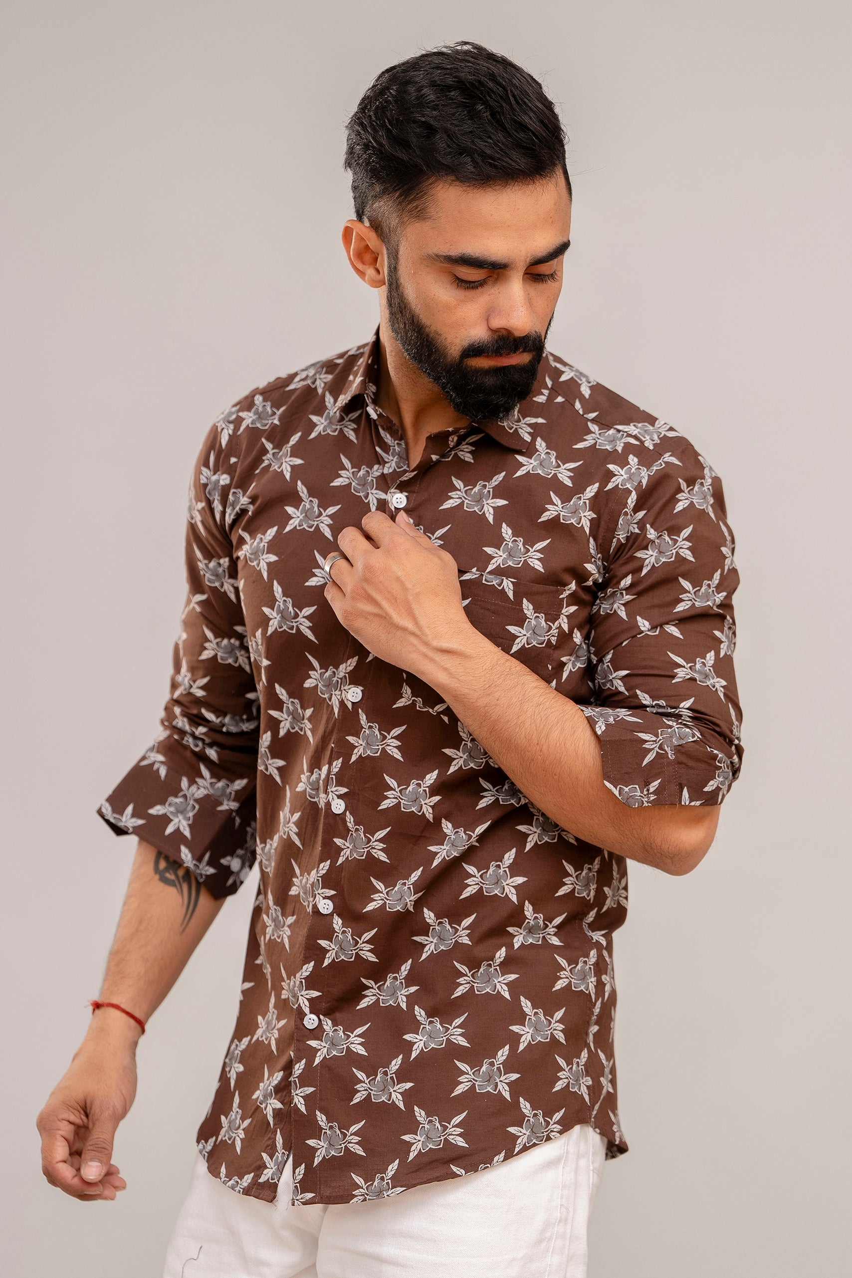 Classic Brown Charm Floral Cotton Shirt - Hukum Jaipur