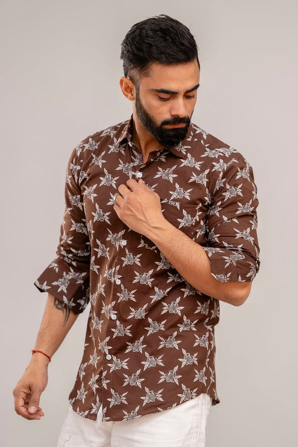 Classic Brown Charm Floral Cotton Shirt