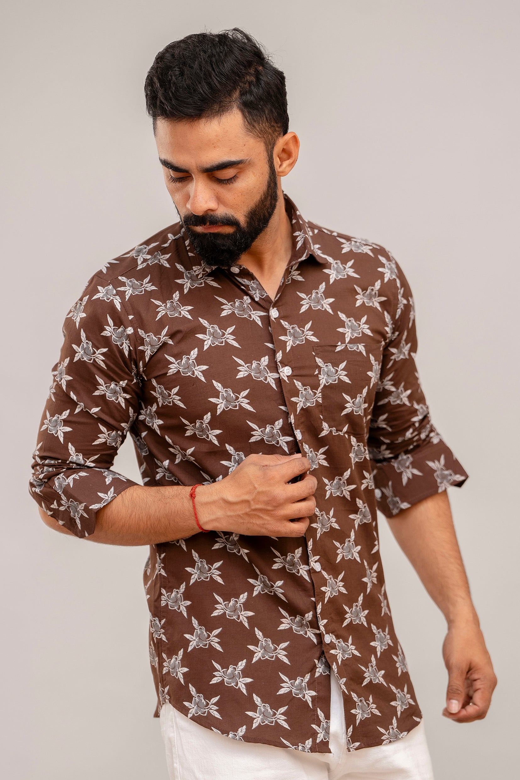 Classic Brown Charm Floral Cotton Shirt - Hukum Jaipur