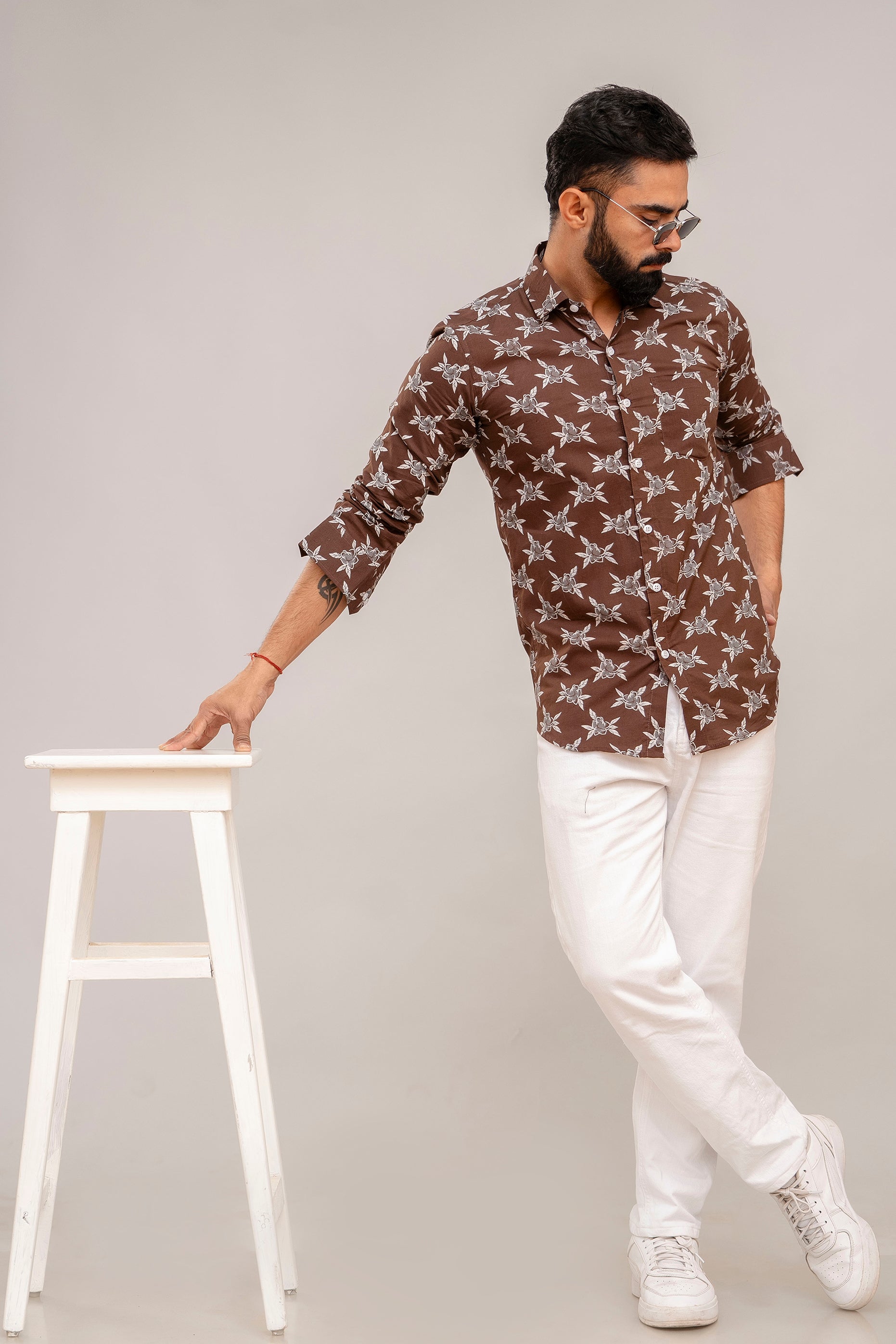 Classic Brown Charm Floral Cotton Shirt - Hukum Jaipur