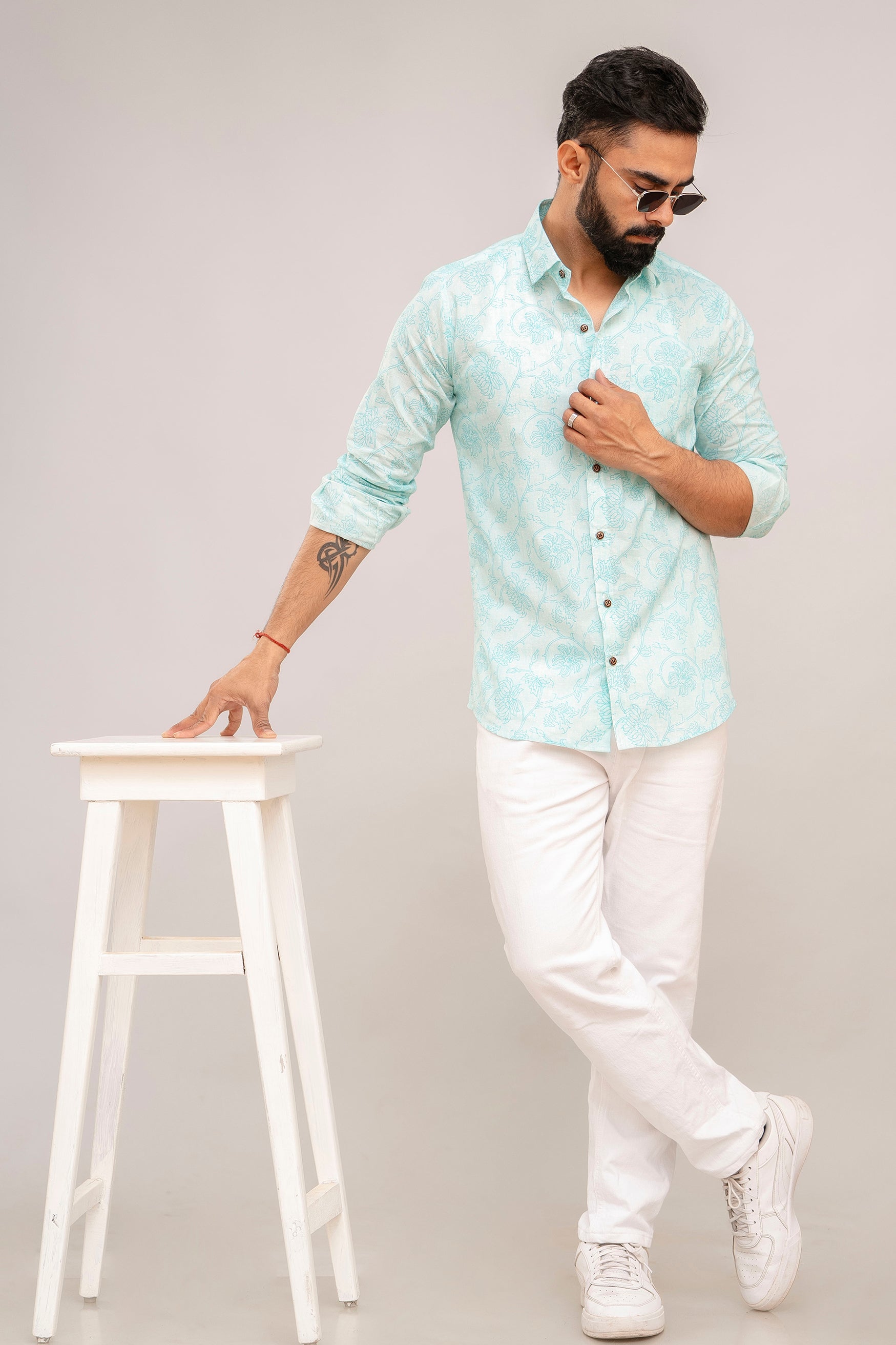 Turquoise Floral Print Cotton Shirt - Hukum Jaipur