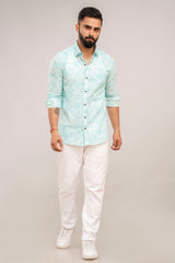 Turquoise Floral Print Cotton Shirt - Hukum Jaipur