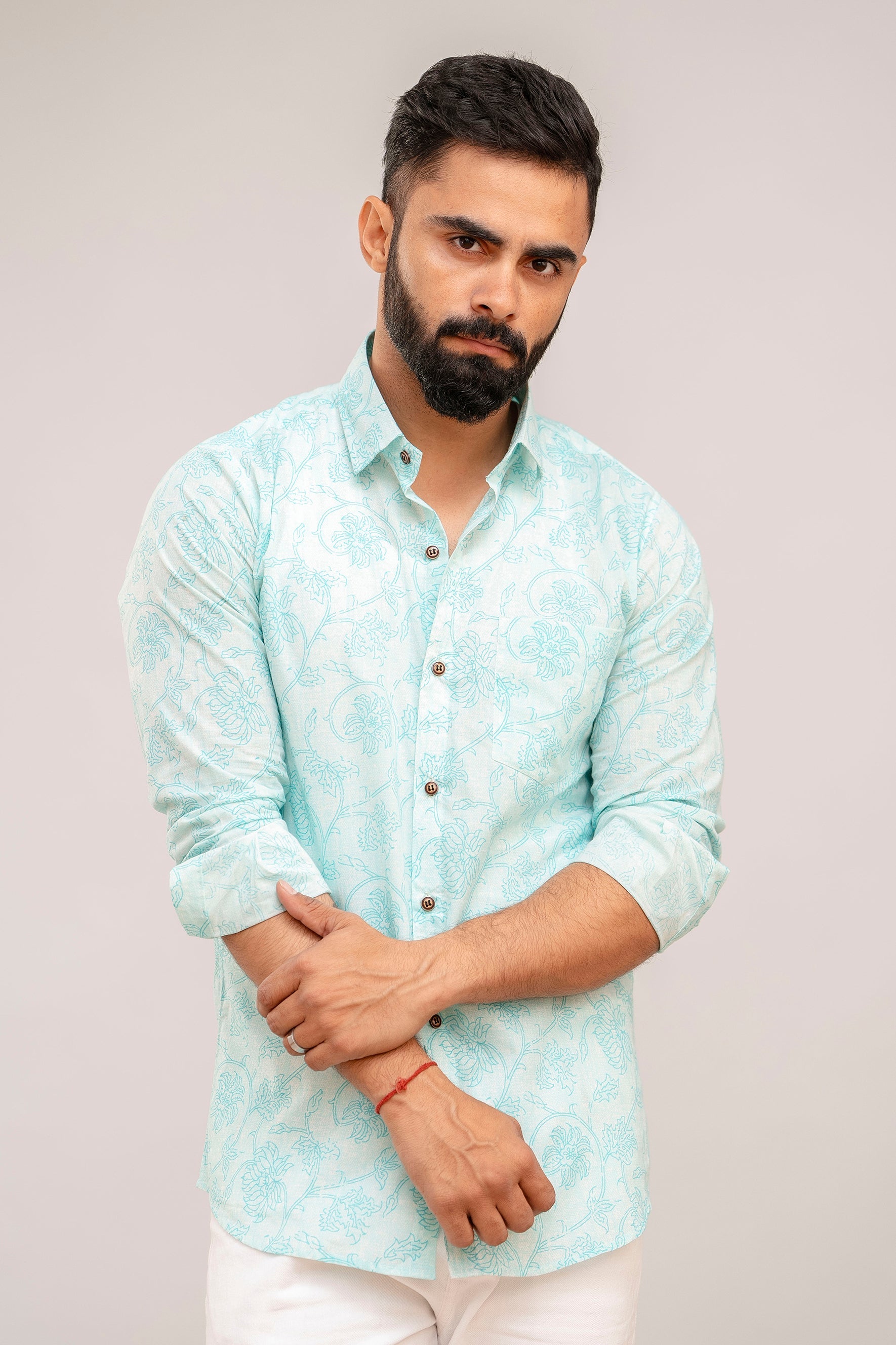 Turquoise Floral Print Cotton Shirt - Hukum Jaipur