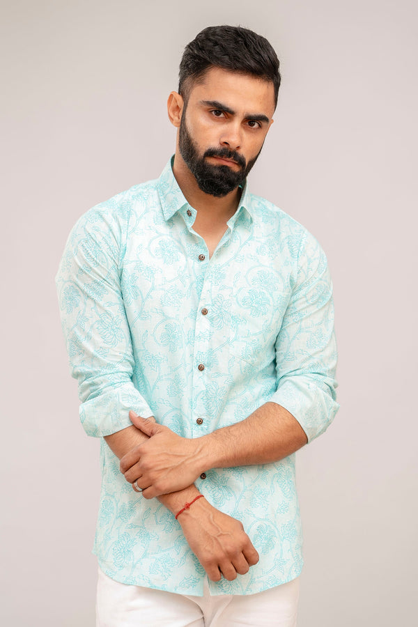 Turquoise Floral Print Cotton Shirt