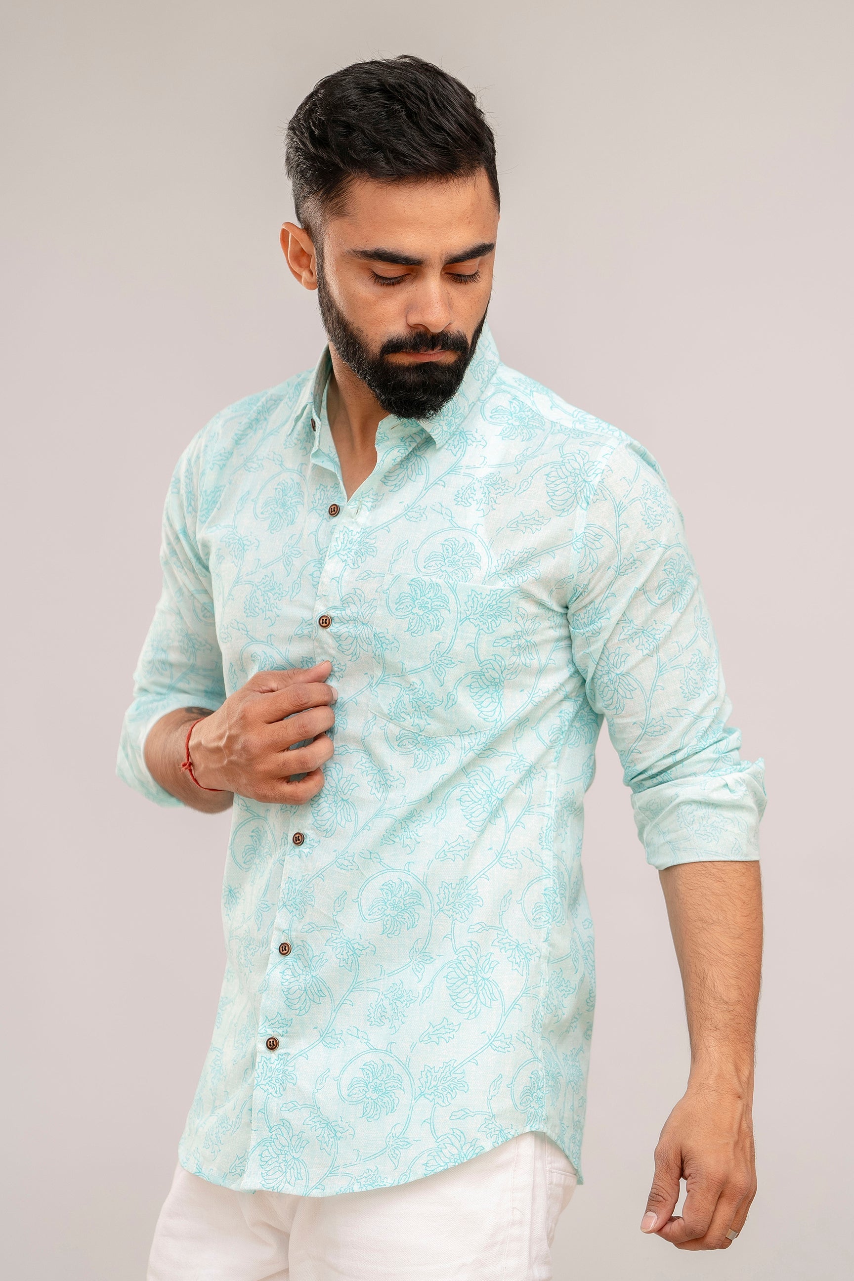 Turquoise Floral Print Cotton Shirt - Hukum Jaipur