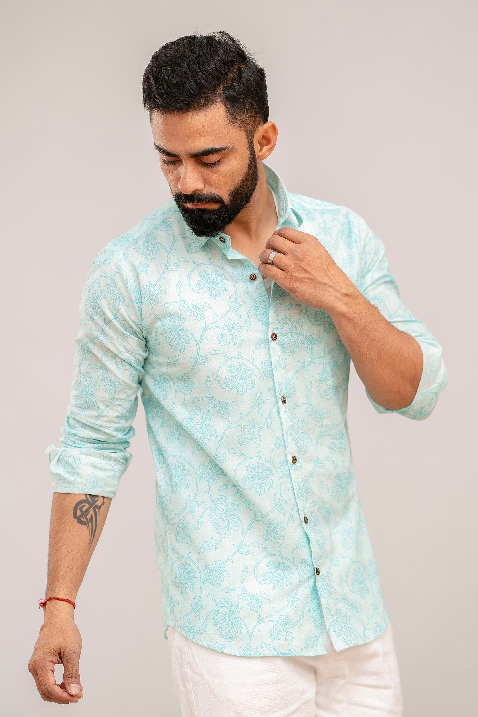 Turquoise Floral Print Cotton Shirt - Hukum Jaipur