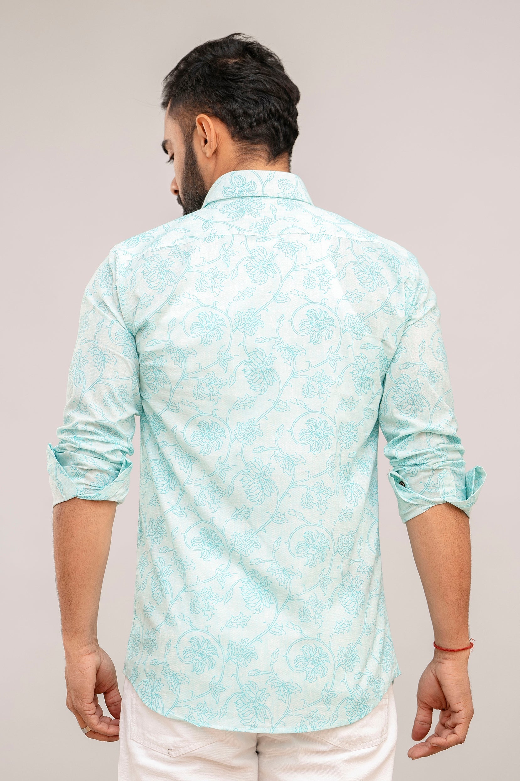 Turquoise Floral Print Cotton Shirt - Hukum Jaipur