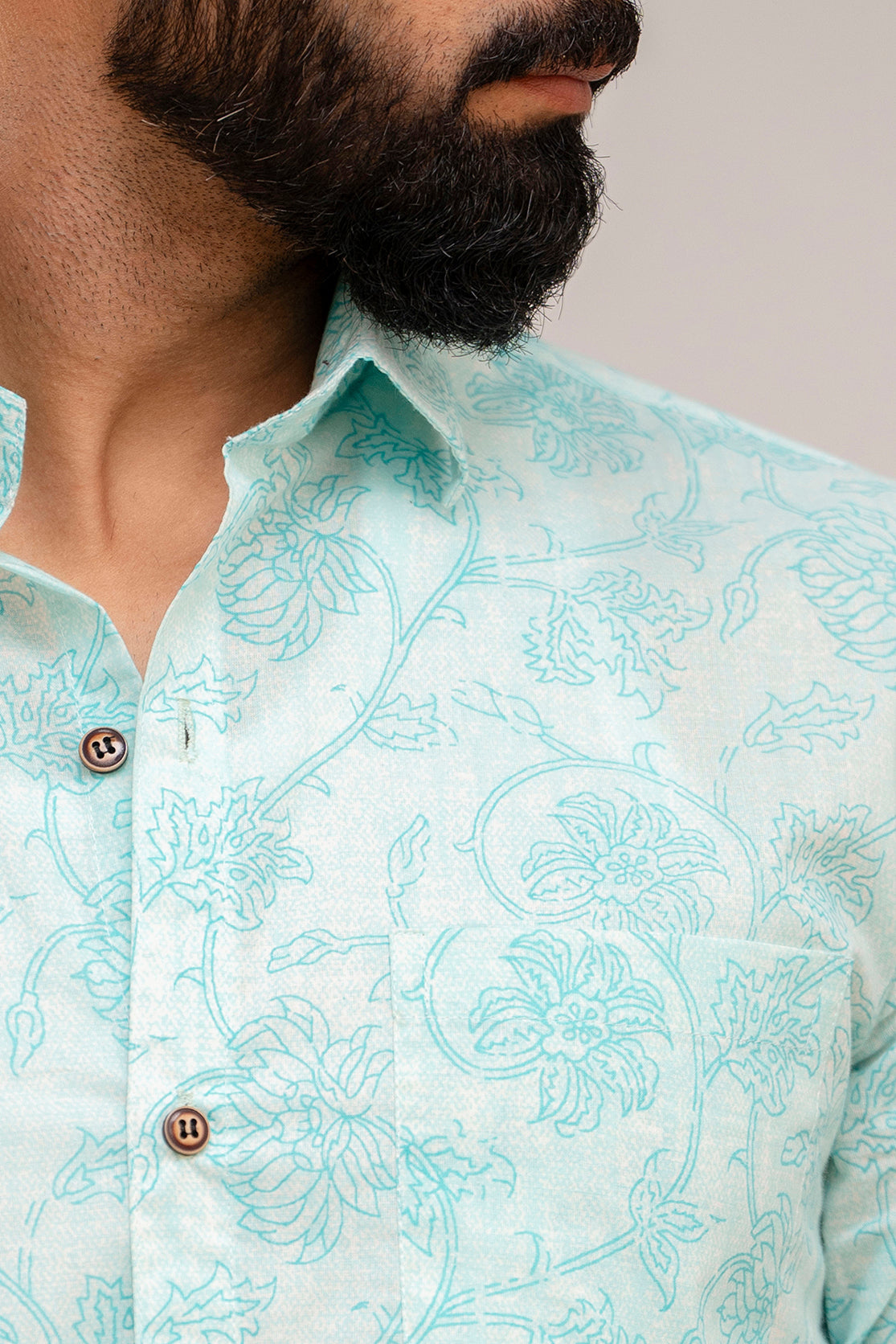 Turquoise Floral Print Cotton Shirt - Hukum Jaipur