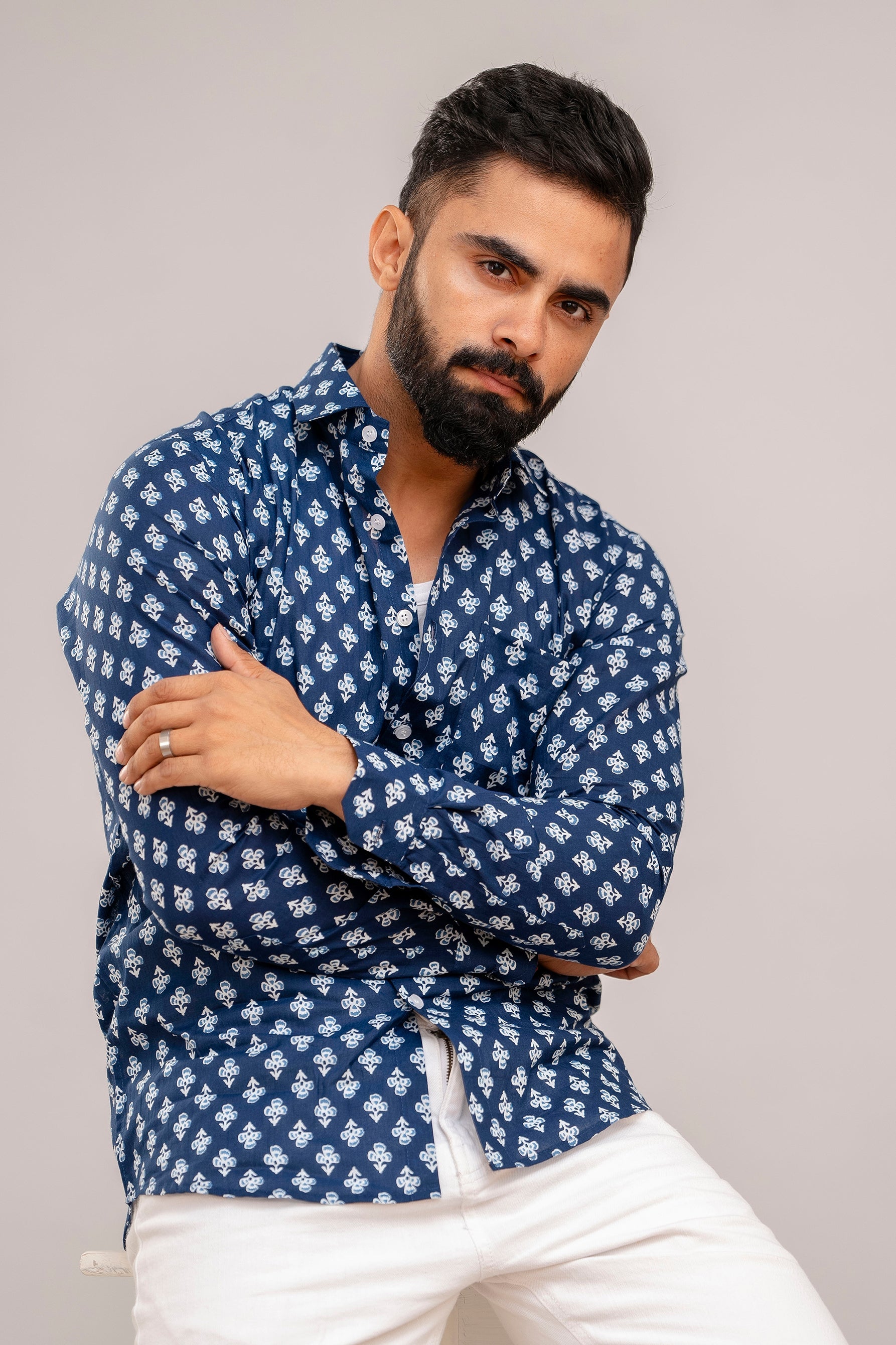 Indigo Bloom Floral Cotton Shirt - Hukum Jaipur