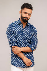 Indigo Bloom Floral Cotton Shirt - Hukum Jaipur