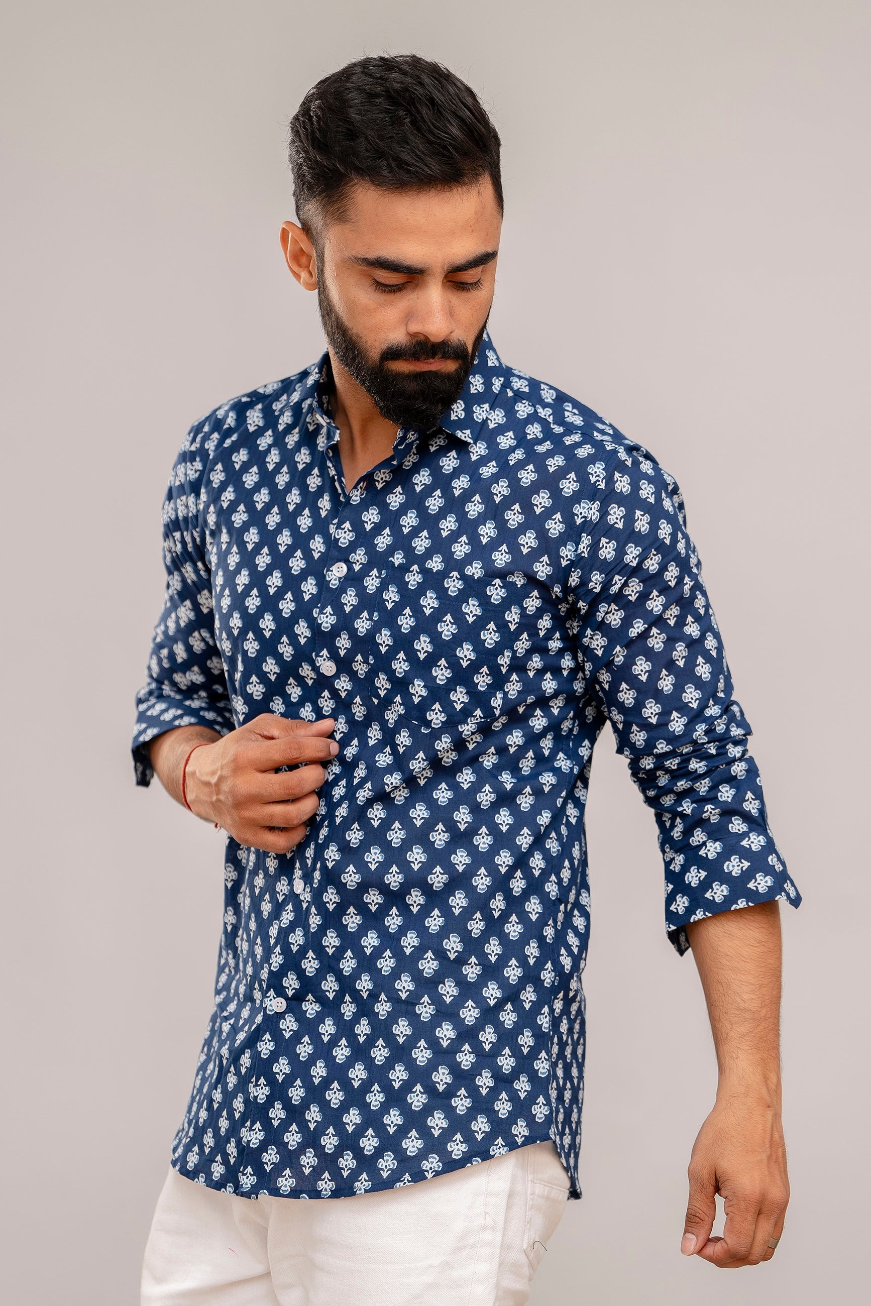 Indigo Bloom Floral Cotton Shirt - Hukum Jaipur