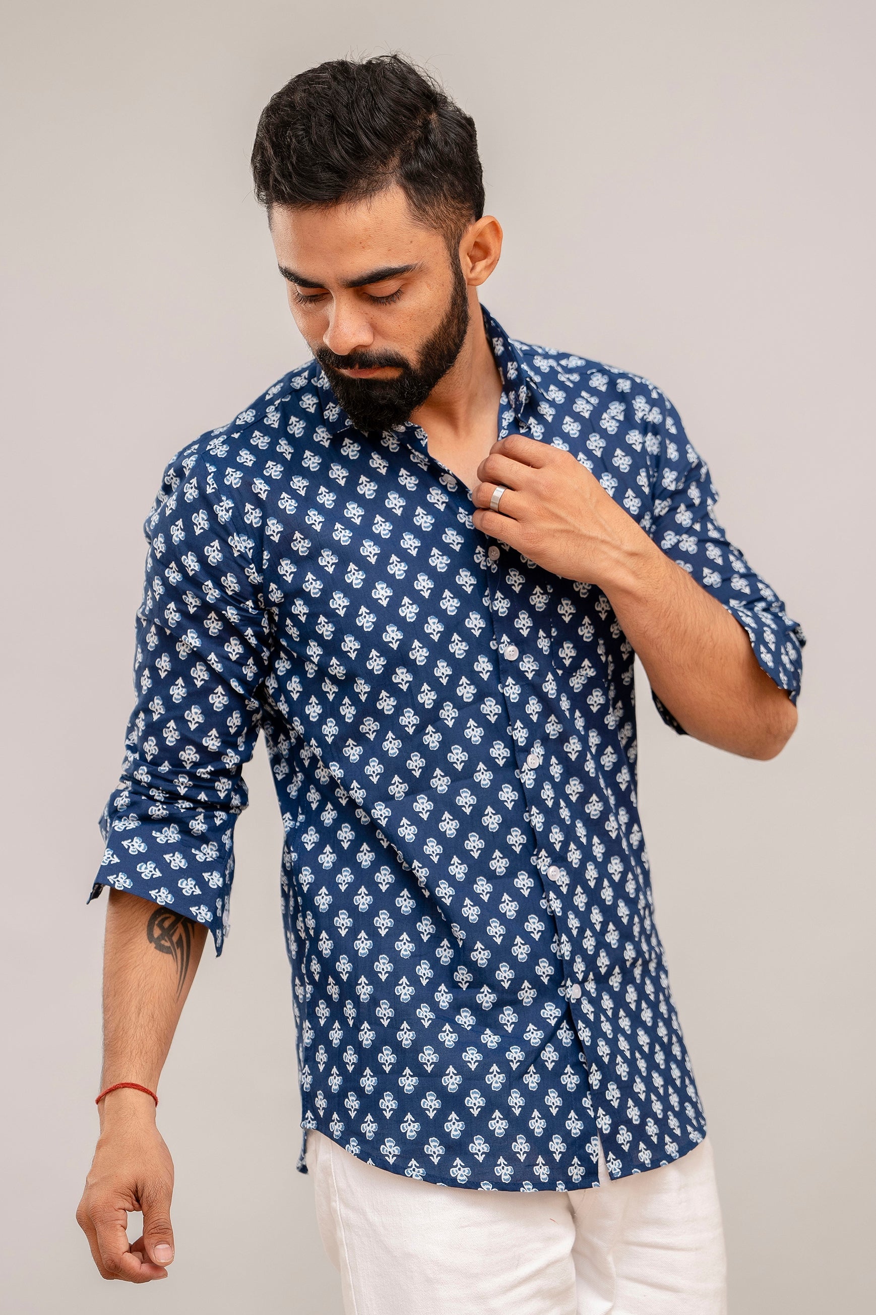 Indigo Bloom Floral Cotton Shirt - Hukum Jaipur