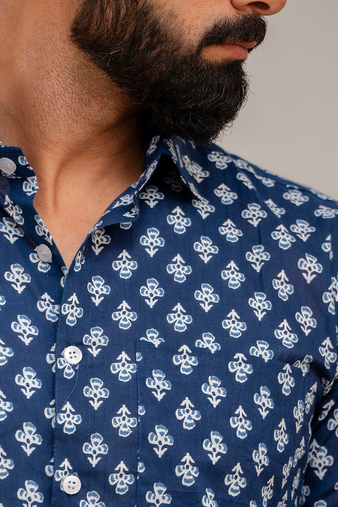 Indigo Bloom Floral Cotton Shirt - Hukum Jaipur