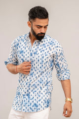 Classic Blue Floral Cotton Shirt - Hukum Jaipur